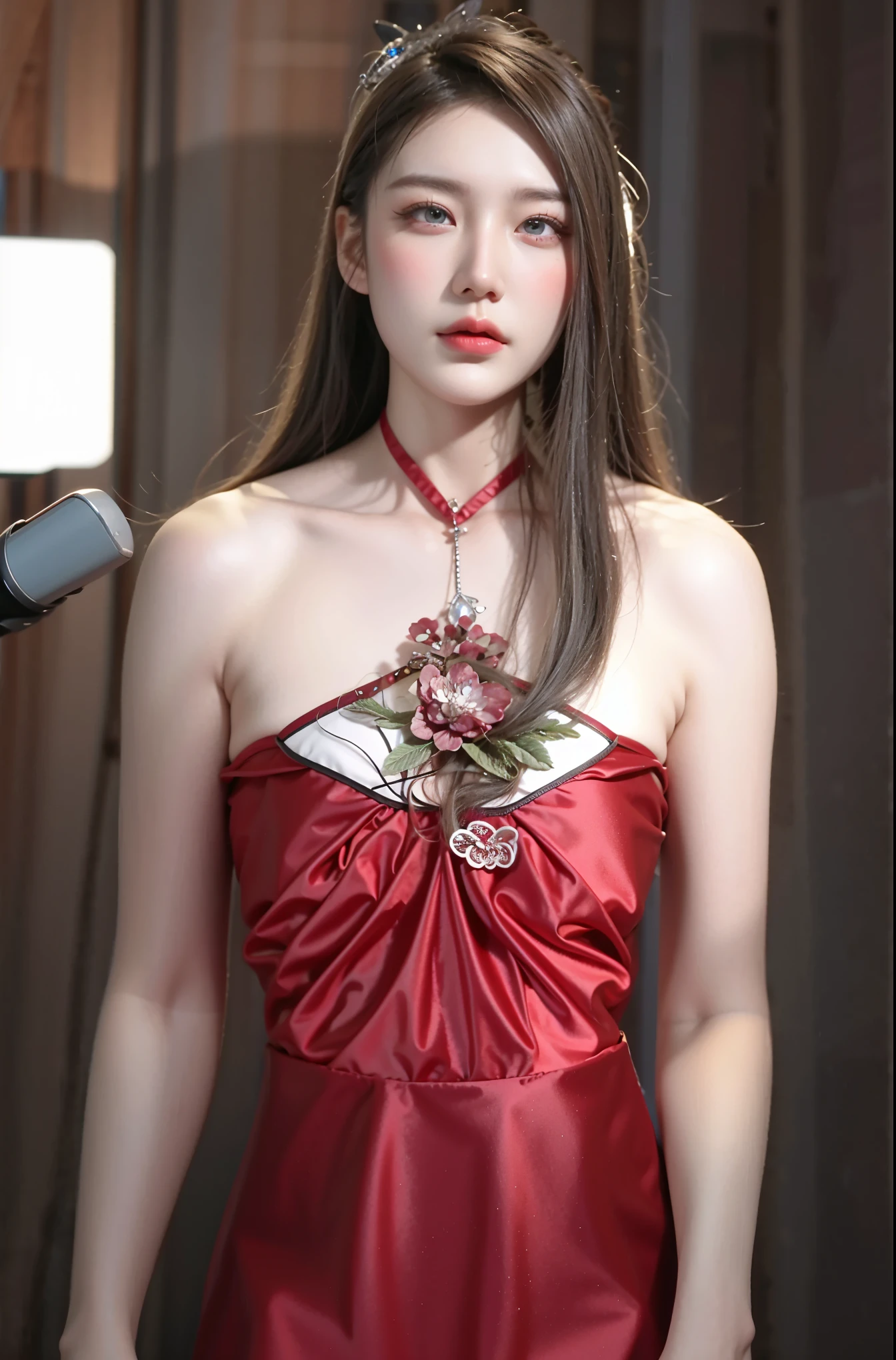 (8k、RAW Photos、Highest quality、masterpiece:1.2)、((Very flat chest、topless、Night view:1.6))、((Red dress、A long dress、Shiny Dress:1.3))、((skinny、smile:1.2))、(Realistic、Realistic)、1 person、(cute)