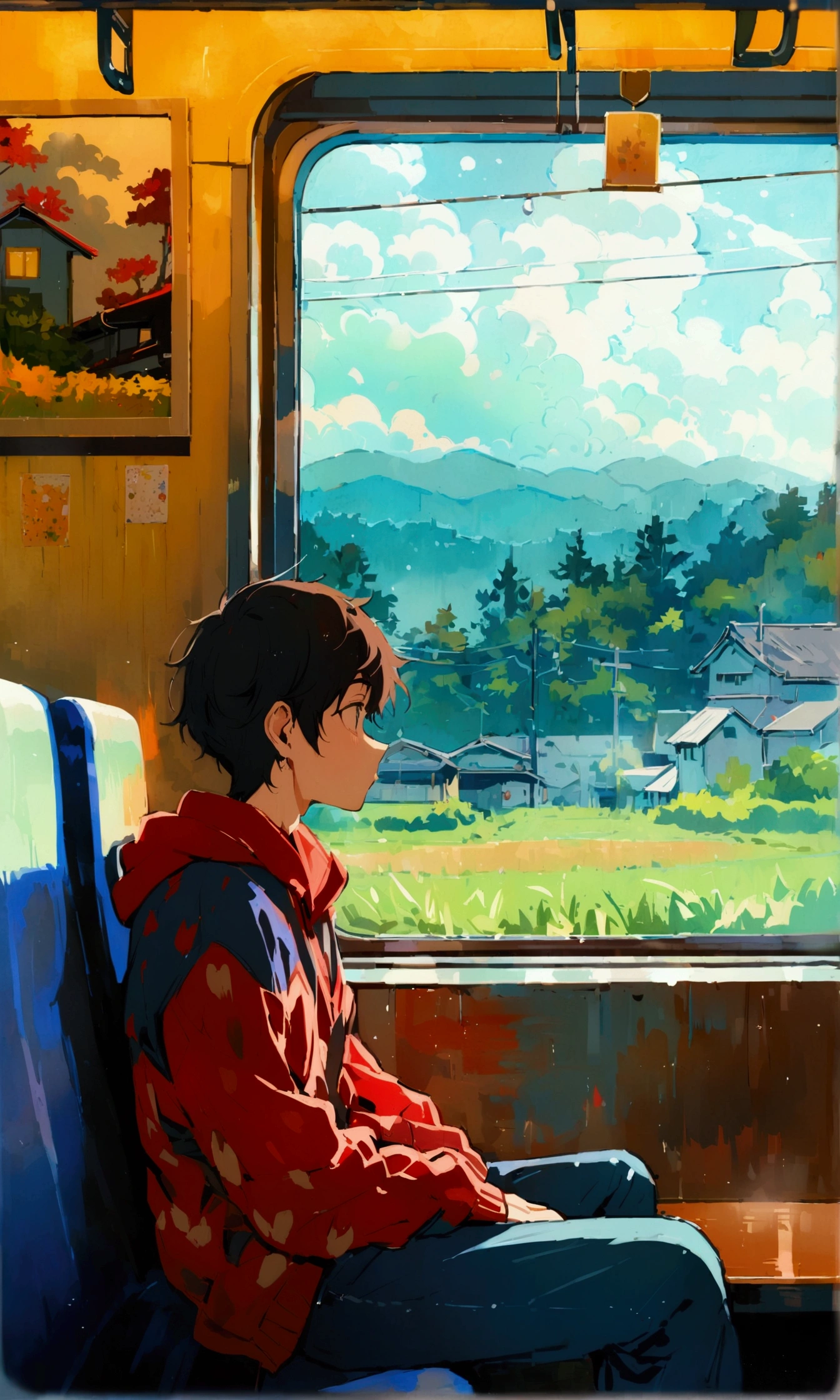 (masterpiece), best quality, Teenage boy, GHIBSKY style, GHIBSKY style painting, siting in train looking at window, country side, Japan, beautiful weather