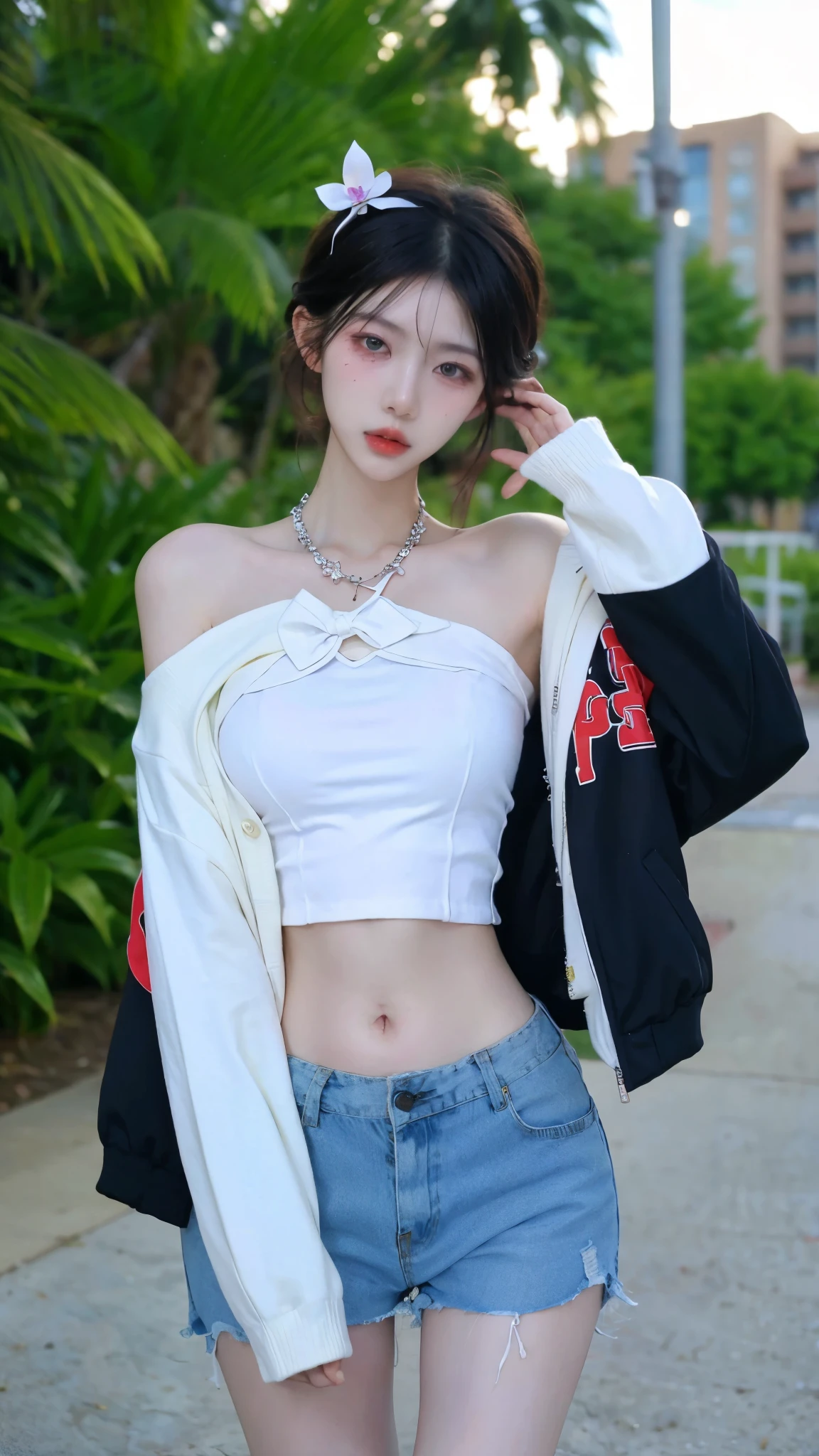 1girll, anime big breast_Coloring, black_Eyes, black_mitts, brown_Hair, choker necklace, Earrings, mitts, jewelry, letterboxed, Mimic, short_Hair, Smile, Solo, Style_Mimic, Aravi Asian women's denim bra top and denim shorts, Sexy girl, Gorgeous young Korean woman, Korean girl, 2 4 year old female model, gorgeous chinese models, photo of slim girl model, beautiful Korean women, Beautiful young Korean woman, photo of slim girl, Japanese model, Sexy look, Sexy body, Beautiful Asian girl, Sexy style, , Wear two-piece clothes, queen of the sea mu yanling, xintong chen, wenfei ye, gorgeous chinese models,, full-body xianxia, Attire:gorgeous chinese models, full-body xianxia, Chen Xintong exposed her abdomen,Abs,Huge bust,Fine face,Elaborate Eyes,,standing on your feet,lying down,sexyposture,Spread your legs apart,raised head,Look up,kneeling down,Short clothes,Open coat,Extra-short jeans,Mini-short denim skirt,whiteshortcoat,Black shorts,Cover your mouth in pink,raise both arms,Dance your body,Twist your body,hands behind body