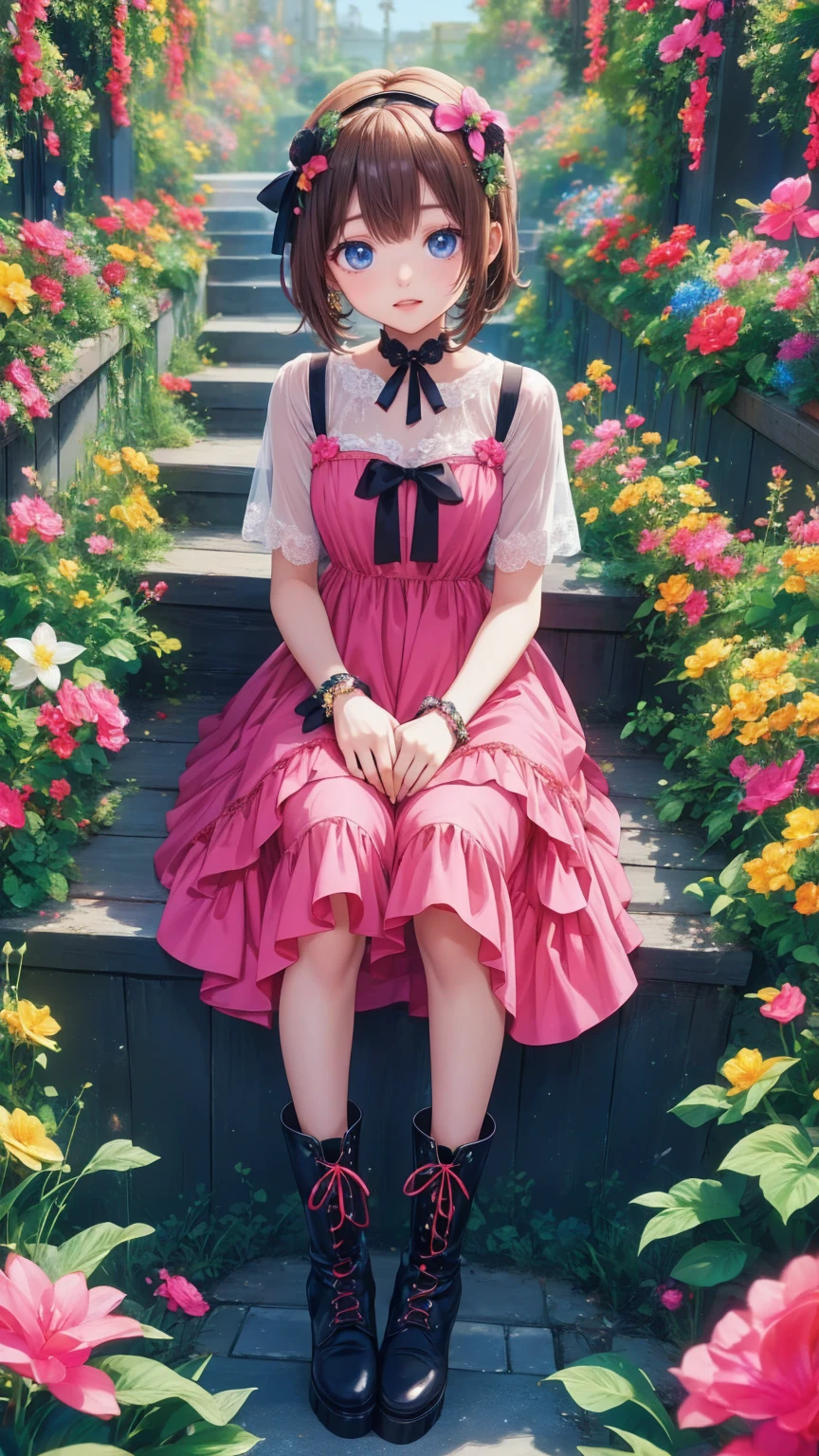    anime style、story、、   cute女の子 、とてもcute天使、   pink gothic dress   、cute、baby face、smile、   Long Skirt 、    black boots 、Very cute headband
