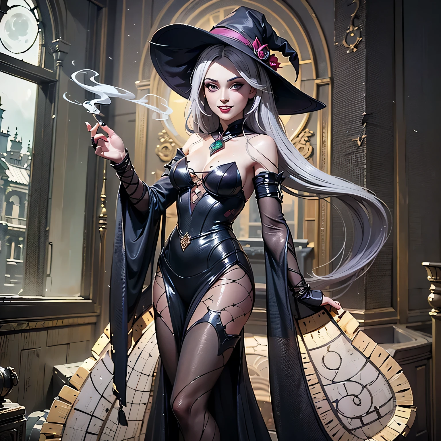 Gothic maxi dress, Long blue dress, Witch, red eyes, green hair, hair over shoulder, mini top hat, sparkling eyes, shy, demon horns, ray tracing, projected inset, Art Deco, satellite image, from below, 4K, anatomically correct, 4K --auto --s2