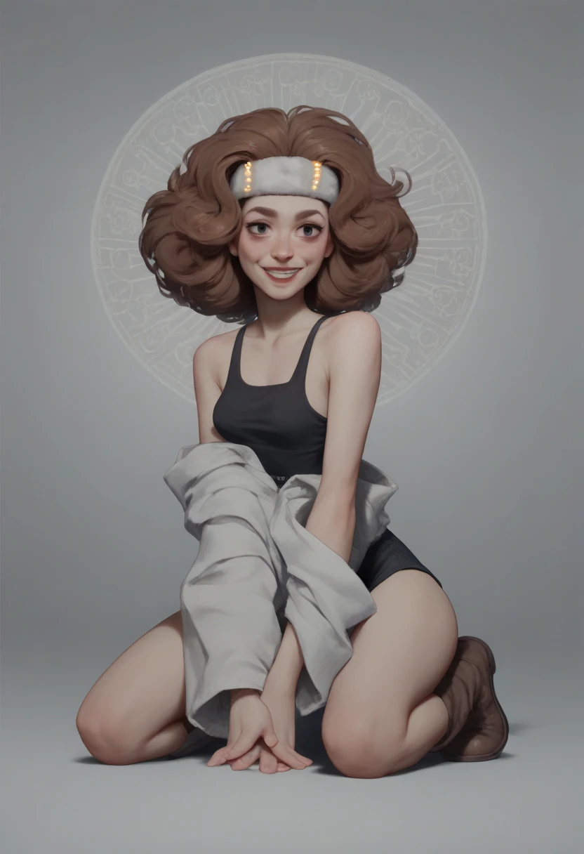 The image is a high-resolution photograph featuring a young woman posed against a plain, dark gray background. She is kneeling on a fluffy, white cloud-like substance that covers the floor, creating a surreal, ethereal atmosphere. The woman has long, straight, light brown hair cascading down her back, adorned with a white, fluffy headband. She has a light to medium skin tone and is smiling warmly, exuding a joyful expression.