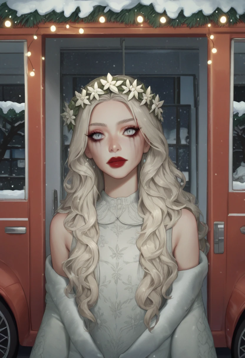 This photograph captures a young woman with a striking, festive appearance, set against the backdrop of a snowy winter scene. She is seated in a red car, with the door open, showcasing a lush, snow-covered evergreen wreath decorated with twinkling fairy lights. The woman has long, wavy, platinum blonde hair cascading over her shoulders. Her makeup is meticulously applied, featuring bold, vibrant red lipstick and subtle, natural eye makeup with a focus on her eyelashes.