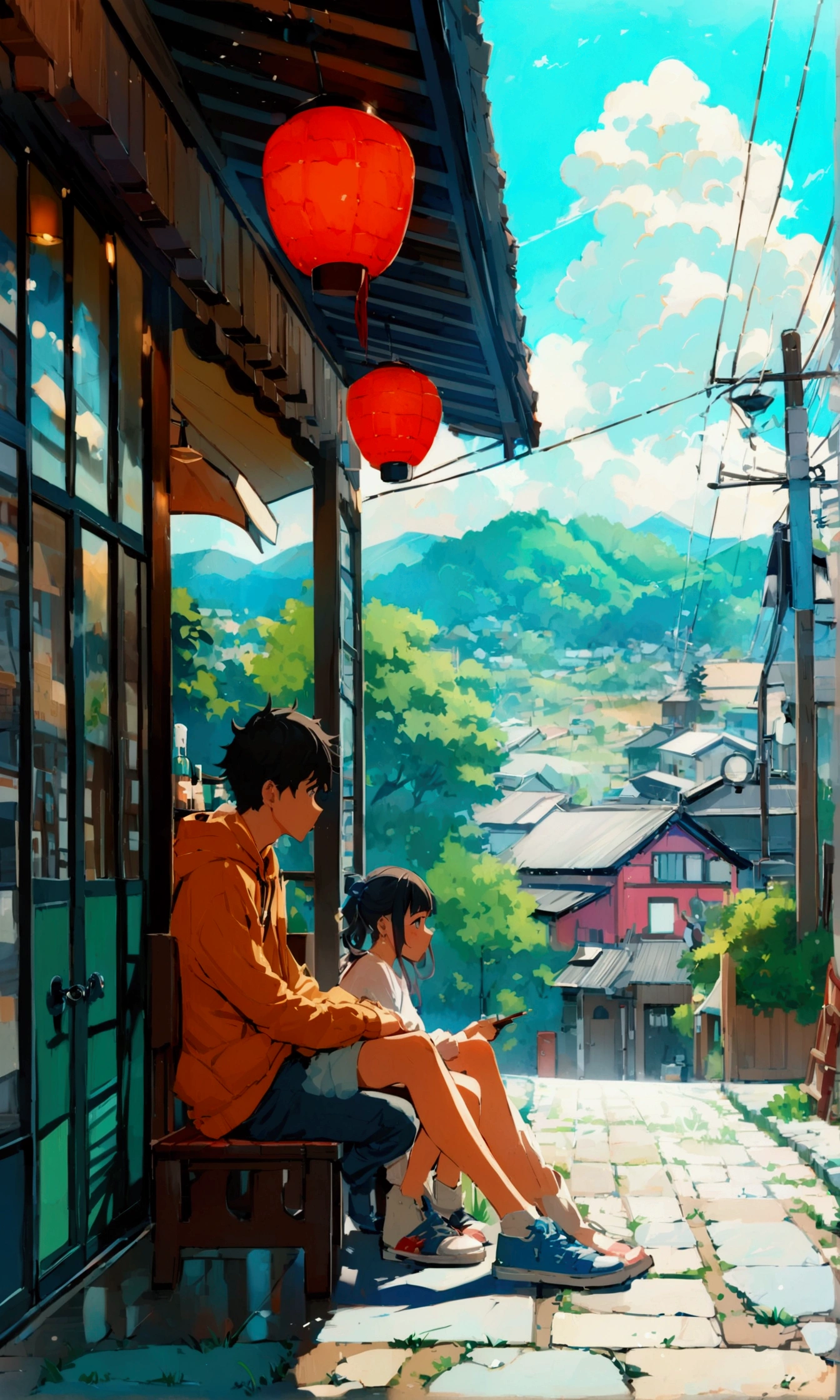 (masterpiece), best quality, Teenage boy and girl, GHIBSKY style, GHIBSKY style painting, siting at open door cafe, country side, Japan, beautiful weather