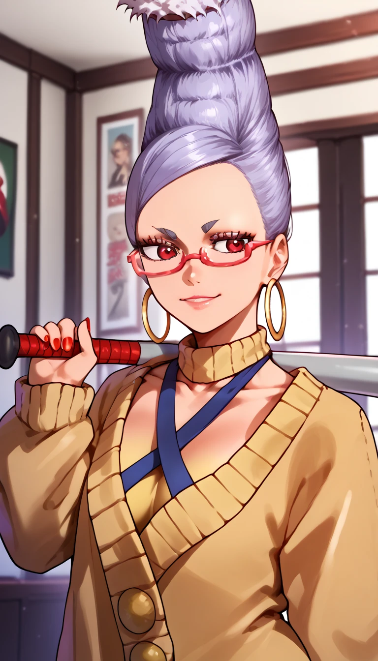 score_9, score_8_up, score_7_up, score_6_up, score_5_up, score_4_up,
1 girl, portrait, criss-cross halter, yellow sweater, bedroom, red-framed glasses, holding baseball bat, baseball bat, hoop earrings, nail polish, smile, hair bun,
se1k0ae