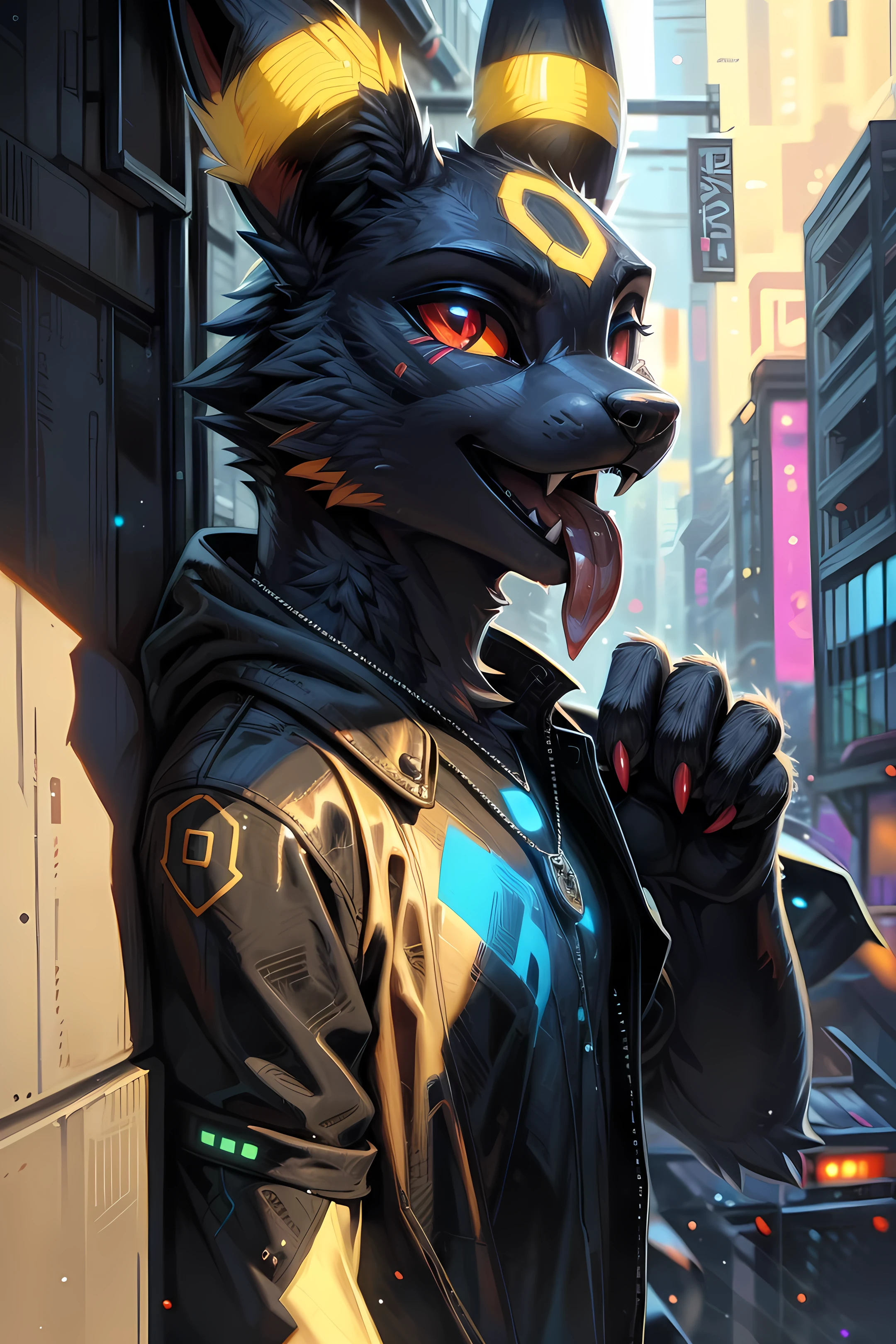 Anthro umbreon, male, thug, pulls his necklace with one hand, claws, fangs, tongue out, red_sclera, infront f a wall with grafiti, fluffy, night city, cyberpunk style, high quality, 4k ,superb eyes, masterpiece , trending, professional illustration, profile casual photo, street background, vivid colors, by hioshiru, by pixelsketcher,
