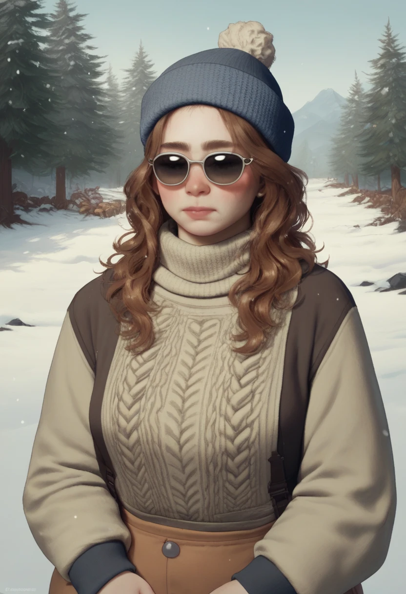 This is a photograph of a woman standing outdoors in a snowy landscape. She is dressed warmly in a cozy, chunky knit sweater and a matching scarf, both in shades of off-white and cream. She has a light-colored, knitted beanie on her head, adorned with a fluffy pom-pom on top. Her long, wavy brown hair cascades down her shoulders, partially covered by the hat.