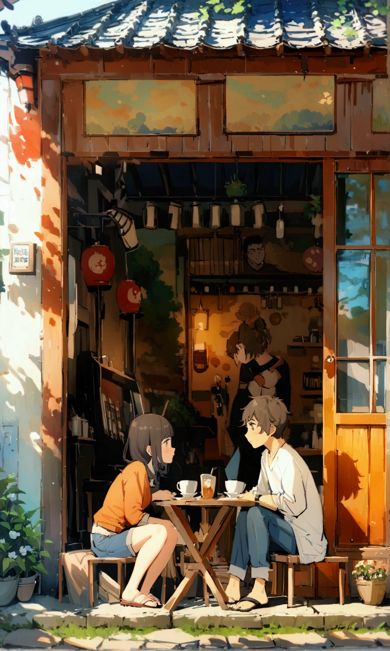 (masterpiece), best quality, Teenage boy and girl, GHIBSKY style, GHIBSKY style painting, siting at open door cafe, country side, Japan, beautiful weather, godly composition