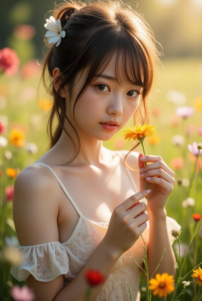(On all fours)(nakedのギャル女性)、(Nipples are visible)、(Genitals and pubic hair are visible)、Realistic, masterpiece, Highest quality, Highest Resolution, Japanese , Full body photo, Looks sleepy, Spaced out, Open your mouth, Beautiful and detailed eye drawing, (Droopy eyes:1.3), Dark Eyes, Thin eyebrows, Draw eyelashes carefully, Eyelash extensions, Gal Makeup, Orange Cheeks,  (White brown wavy hair, Long Hair, middle part:1.3), (Hidden eyelid wrinkles:1.3), (naked、No clothing), (The subject was photographed from the front:1.3), (Flower Field:1.3), ( Naughty pose)、(nakedのギャル)、On all fours、Six Pack、ponytail