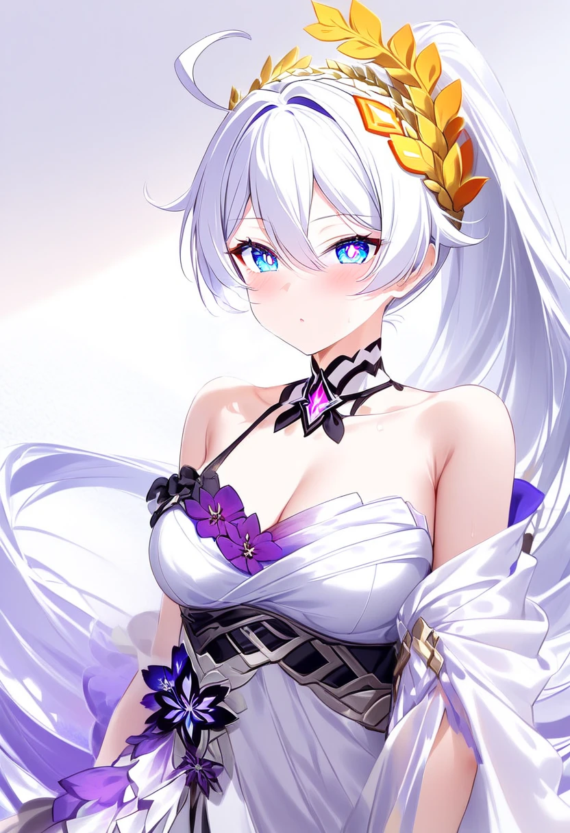 score_9, score_8_up, score_7_up, masterpiece, best quality, absurdres, vibrant, highly detailed, 1girl, adult grown woman, kiana kaslana \(honkai impact 3rd\), herrscher of finality, white hair, ahoge, ponytail, very long hair, blue eyes, symbol-shaped pupils, blush, heavy breathing, elegant draped toga, (ancient Greek style:1.4), (golden laurel crown:1.3), out of the screen