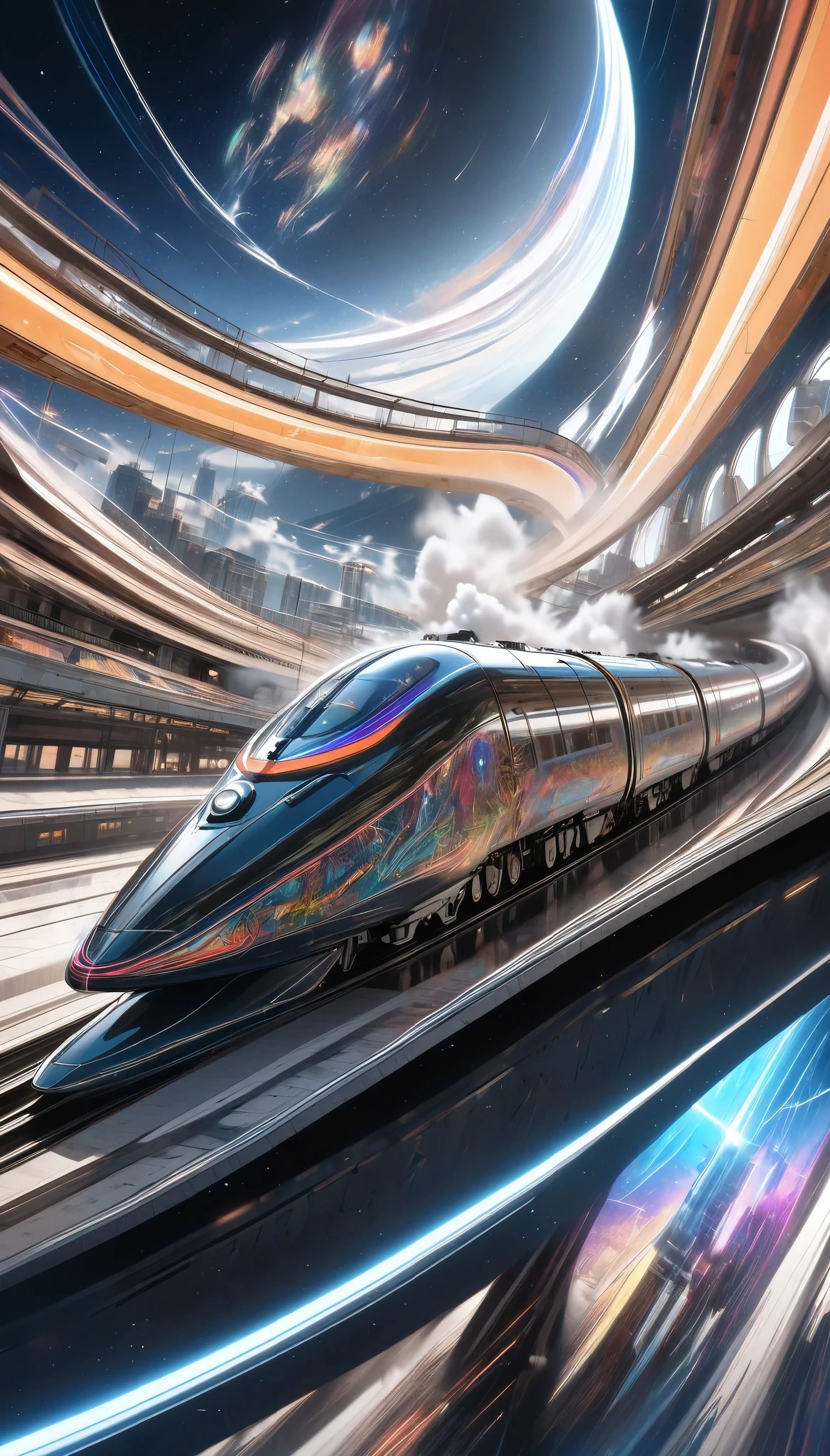 a futuristic hybrid steam and bullet train, seamlessly transitioning from a classic steam locomotive to a modern high-speed rail, cutting through the fabric of space-time, highly detailed CGI, retro digital art, surreal and refined graffiti, hyperrealistic, 8k, hyper detailed, cinematic lighting, dramatic atmospheric effects, striking colors, intricate mechanical design, sense of motion and speed, photorealistic, masterpiece, Pure white background, moving forward at high speed while distorting space-time, motion blur for added impact, 