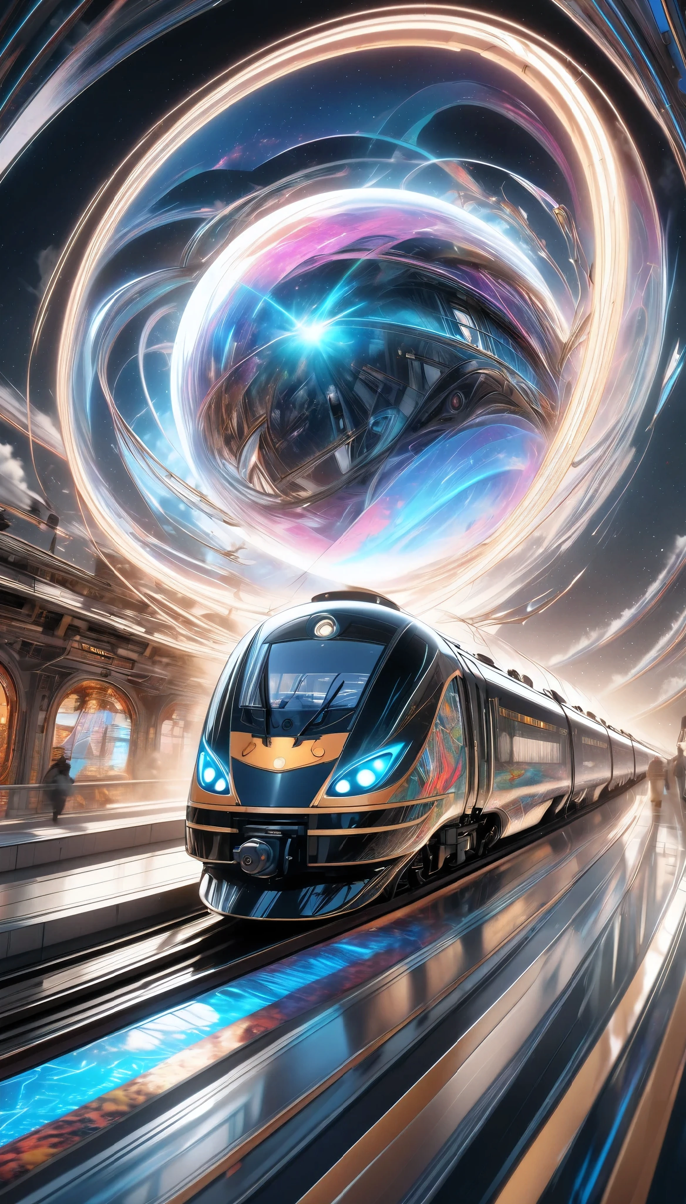 a futuristic hybrid steam and bullet train, seamlessly transitioning from a classic steam locomotive to a modern high-speed rail, cutting through the fabric of space-time, highly detailed CGI, retro digital art, surreal and refined graffiti, hyperrealistic, 8k, hyper detailed, cinematic lighting, dramatic atmospheric effects, striking colors, intricate mechanical design, sense of motion and speed, photorealistic, masterpiece, Pure white background, moving forward at high speed while distorting space-time, motion blur for added impact, 