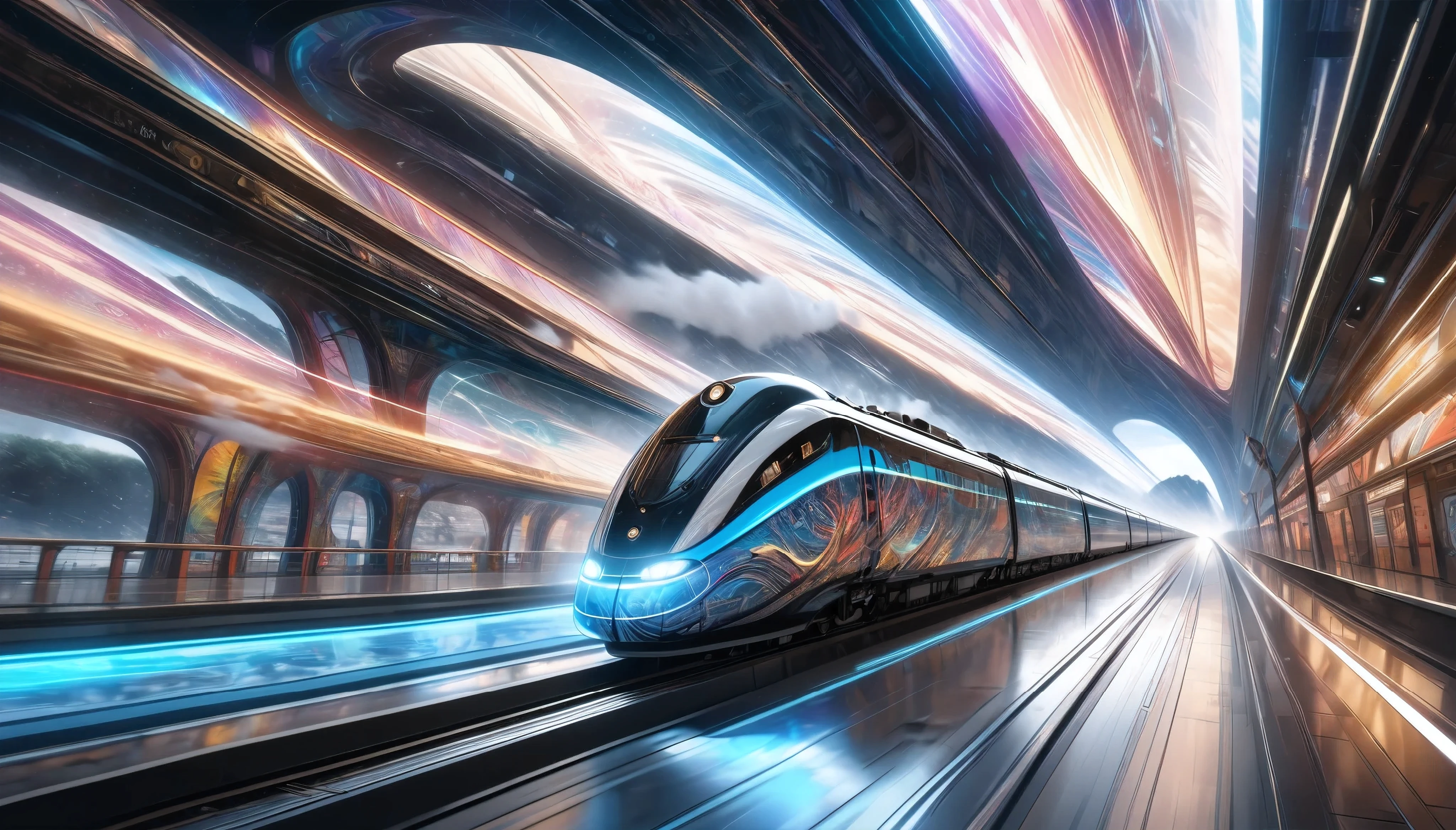 a futuristic hybrid steam and bullet train, seamlessly transitioning from a classic steam locomotive to a modern high-speed rail, cutting through the fabric of space-time, highly detailed CGI, retro digital art, surreal and refined graffiti, hyperrealistic, 8k, hyper detailed, cinematic lighting, dramatic atmospheric effects, striking colors, intricate mechanical design, sense of motion and speed, photorealistic, masterpiece, Pure white background, moving forward at high speed while distorting space-time, motion blur for added impact, 