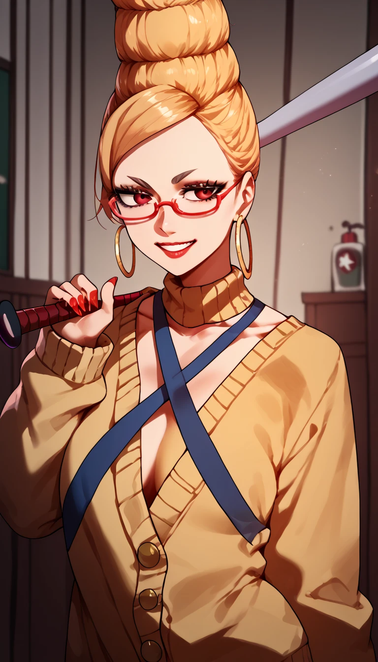 score_9, score_8_up, score_7_up, score_6_up, score_5_up, score_4_up,
1 girl, portrait, criss-cross halter, yellow sweater, bedroom, red-framed glasses, holding baseball bat, baseball bat, hoop earrings, nail polish, smile, hair bun,
se1k0ae