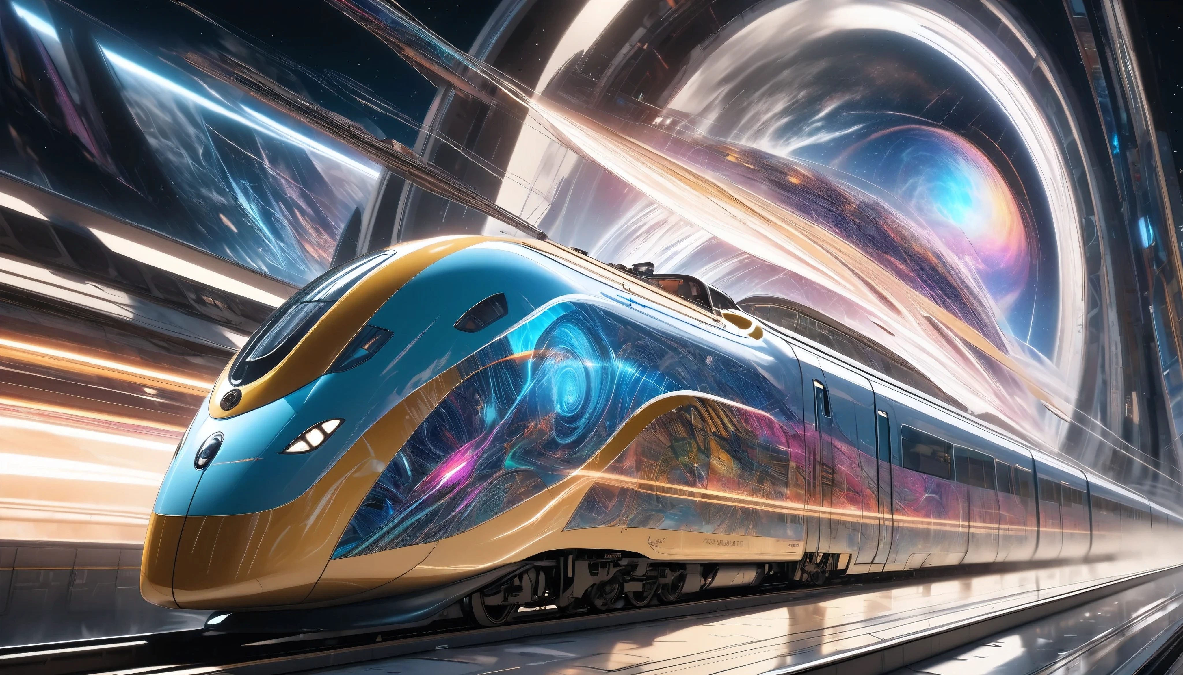 a futuristic hybrid steam and bullet train, seamlessly transitioning from a classic steam locomotive to a modern high-speed rail, cutting through the fabric of space-time, highly detailed CGI, retro digital art, surreal and refined graffiti, hyperrealistic, 8k, hyper detailed, cinematic lighting, dramatic atmospheric effects, striking colors, intricate mechanical design, sense of motion and speed, photorealistic, masterpiece, Pure white background, moving forward at high speed while distorting space-time, motion blur for added impact, 