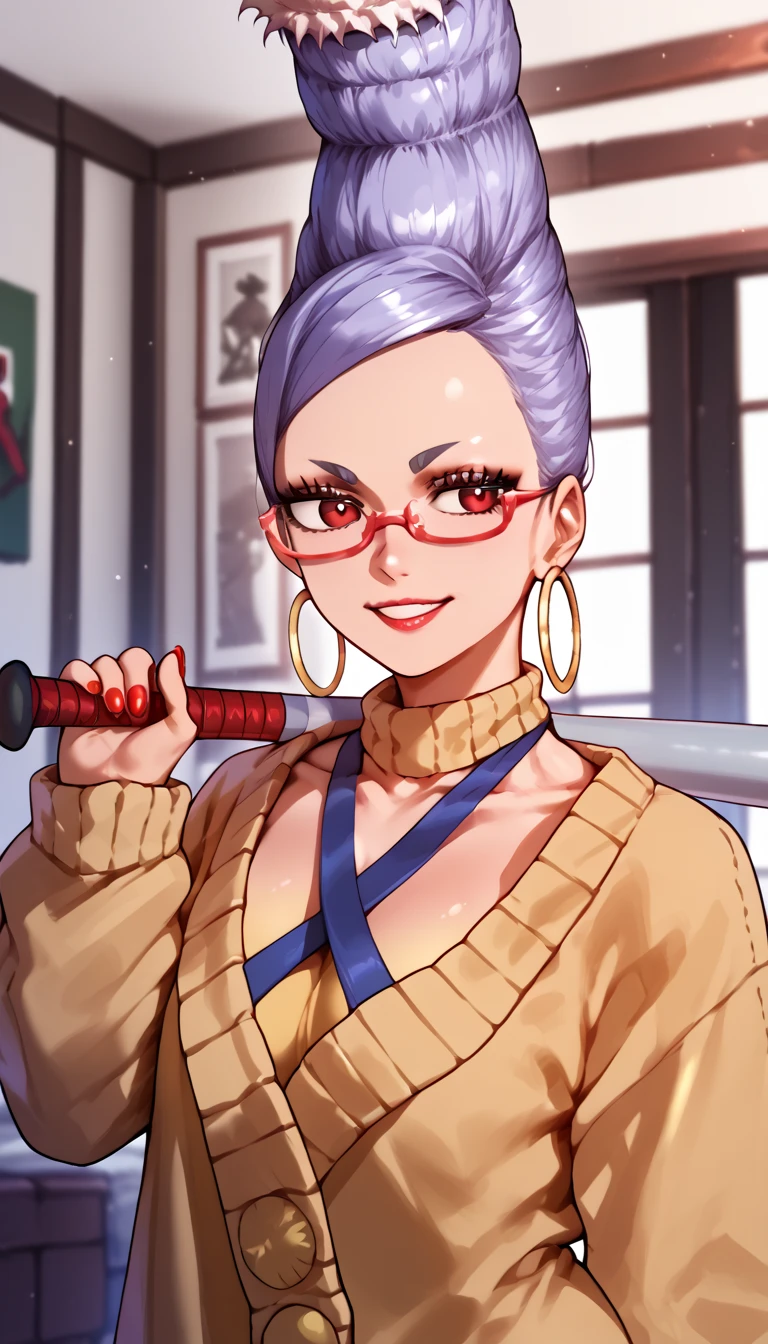 score_9, score_8_up, score_7_up, score_6_up, score_5_up, score_4_up,
1 girl, portrait, criss-cross halter, yellow sweater, bedroom, red-framed glasses, holding baseball bat, baseball bat, hoop earrings, nail polish, smile, hair bun,
se1k0ae