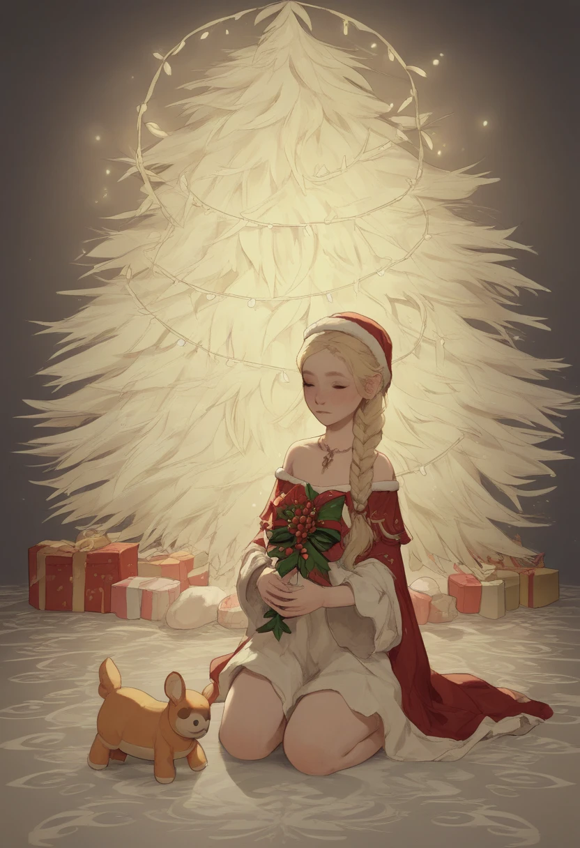 This photograph captures a serene, festive indoor scene featuring a young woman, likely in her mid-20s, with long, blonde hair styled in a loose braid. She is kneeling on a plush, light beige rug in front of a beautifully decorated Christmas tree adorned with silver ornaments, tinsel, and twinkling fairy lights.