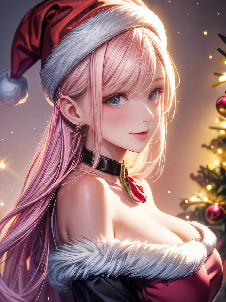The best piece,Artistically beautiful,Lightning,Final Fantasy 13,FF1 pink blonde,Medium Hair,Light permed hair,Curly hair on one side,Letting down your bangs,A beautiful Blue eyes,beautiful and high nose,santa costume,Santa's Hat,christmas armor,Santa Claus's coat,Use blizzard magic,Photorealsitic,An ultra-high picture quality,hightquality,masterpiece,Digital SLR,Detailed details,Intricate details,Based on anatomical grounds,Depicted in detail,Detailed face,realistic skin textures,Vivid details,perfect anatomia,perfect anatomia,Anatomically correct hand,Anatomically correct fingers,Super Detail,Complex 3D Rendering,Colossal tits(hiding breast),sexy pose,bright red claws,beautiful christmas,final fantasy cityscape,Fantasy worldview,Gorgeous Christmas Tree,white Christmas,neon color,Beautiful cityscape,mysterious snow scene,It's snowing,,Picturesque beauty,Photograph the whole body,9 head body,Red Lip,Beautiful curly hair,Luxurious necklace,emphasize the beautiful whole body,Beautiful nails,A smile,