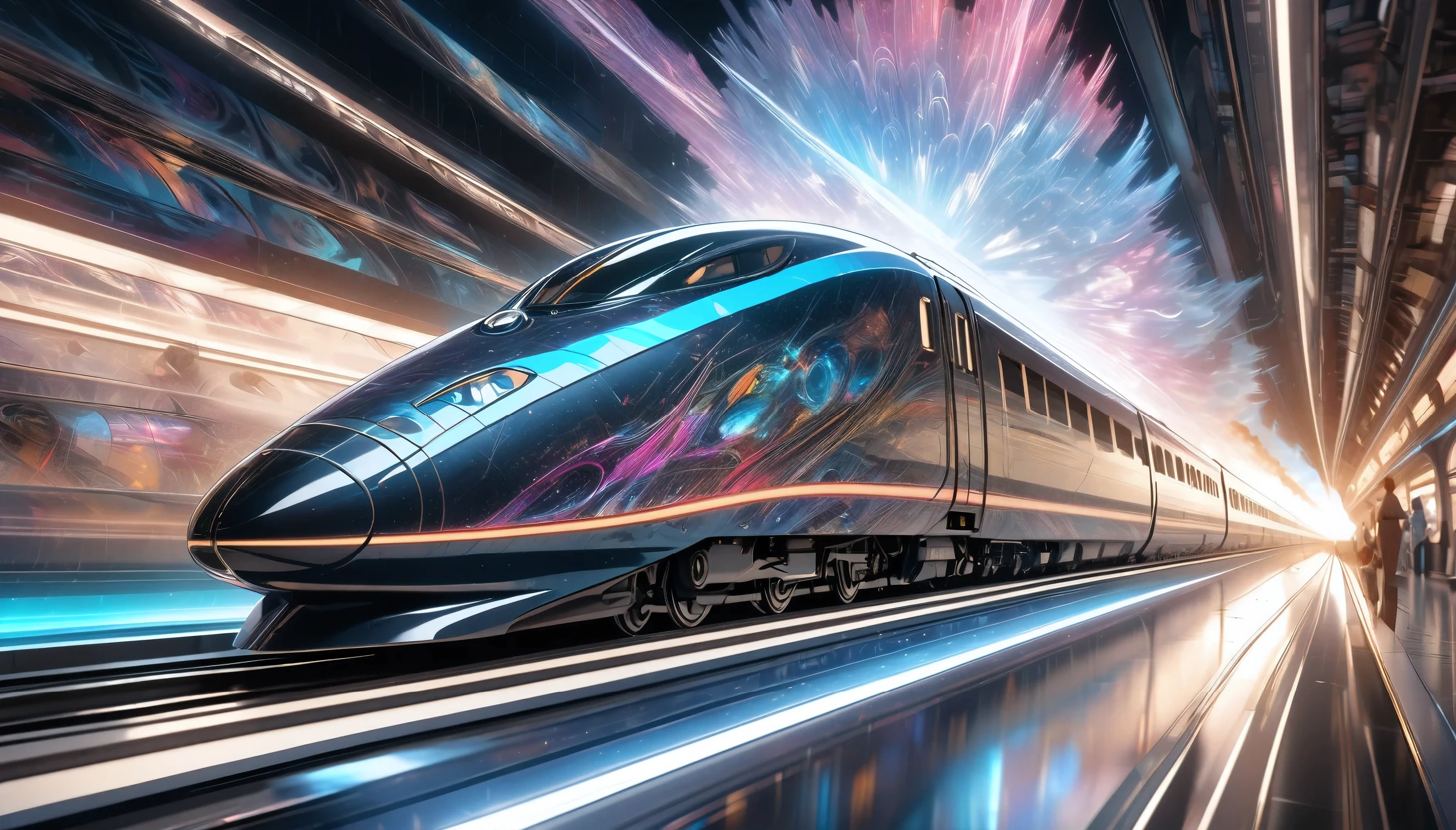 a futuristic hybrid steam and bullet train, seamlessly transitioning from a classic steam locomotive to a modern high-speed rail, cutting through the fabric of space-time, highly detailed CGI, retro digital art, surreal and refined graffiti, hyperrealistic, 8k, hyper detailed, cinematic lighting, dramatic atmospheric effects, striking colors, intricate mechanical design, sense of motion and speed, photorealistic, masterpiece, Pure white background, moving forward at high speed while distorting space-time, motion blur for added impact, 