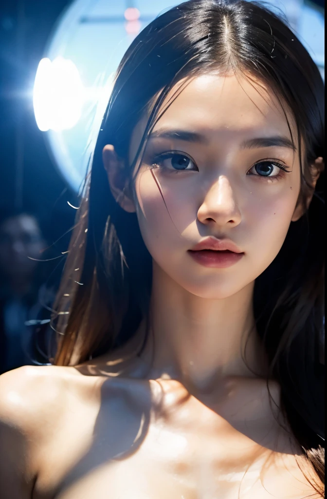 (and soul)、(secondary mysterious、Pisces、1 girl、blue hair、hair length、((French Twist))、blue eyes、gradient eyes、sparkling eyes、bright eyes、finely tuned、expressive eyes、naked, topless, tight breast, ripe breast, nude, upper part of body、gem、blue lighting、blue theme、(shape:1.5)、abstract、highest quality、Super detailed、(((sit in crowd train)))、share armpits