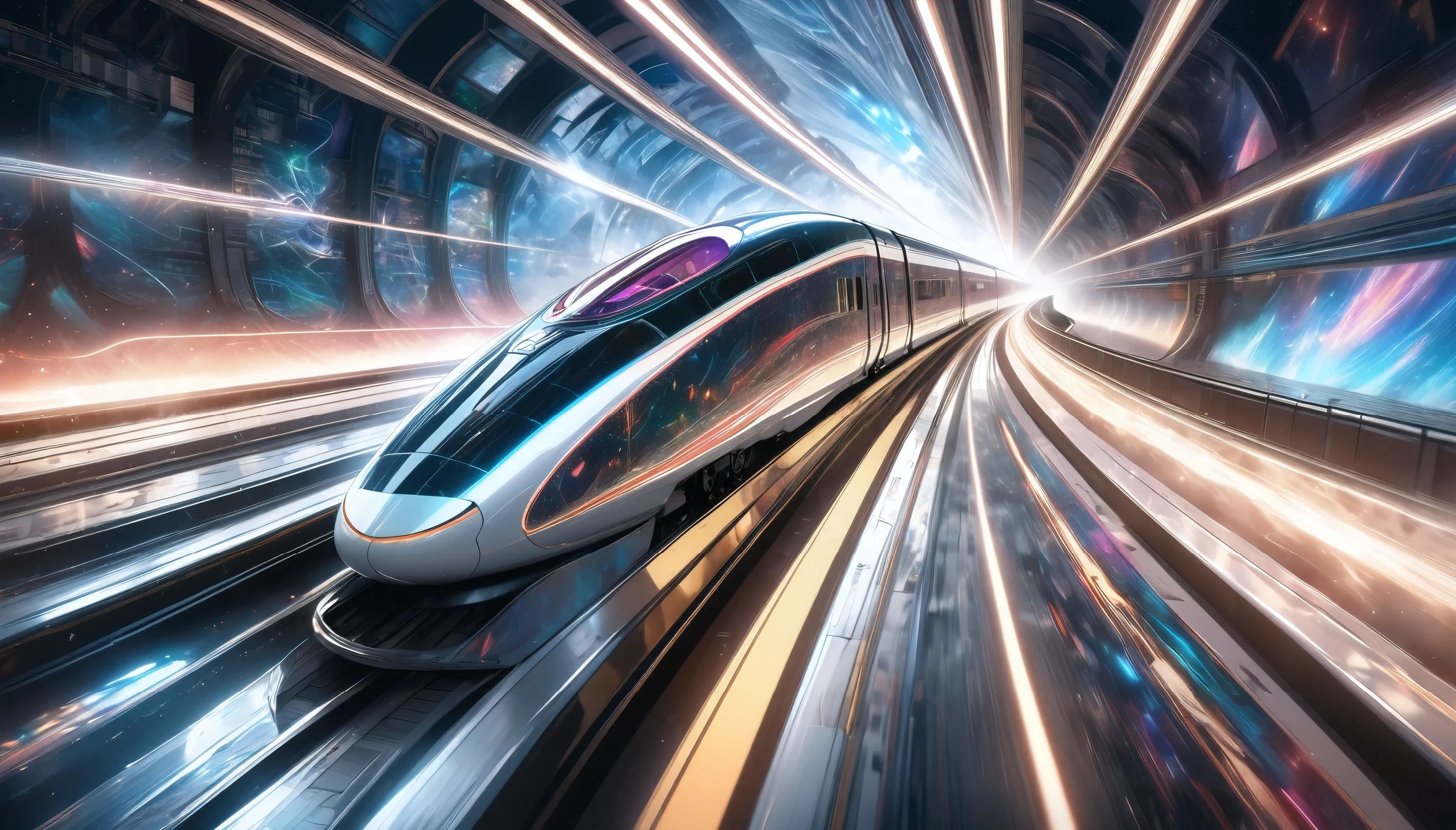 a futuristic hybrid steam and bullet train, seamlessly transitioning from a classic steam locomotive to a modern high-speed rail, cutting through the fabric of space-time, highly detailed CGI, retro digital art, surreal and refined graffiti, hyperrealistic, 8k, hyper detailed, cinematic lighting, dramatic atmospheric effects, striking colors, intricate mechanical design, sense of motion and speed, photorealistic, masterpiece, Pure white background, moving forward at high speed while distorting space-time, motion blur for added impact, 