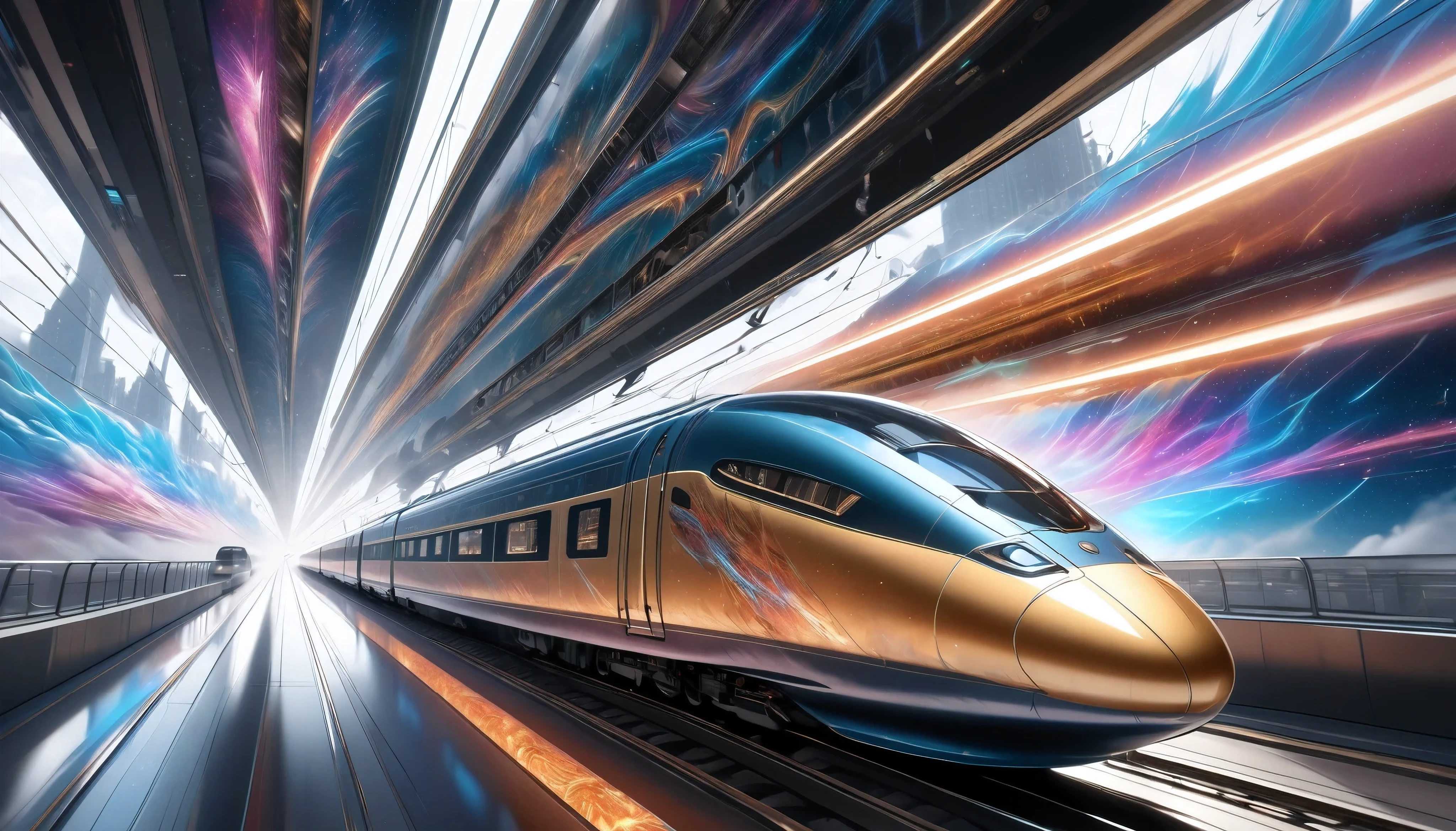 a futuristic hybrid steam and bullet train, seamlessly transitioning from a classic steam locomotive to a modern high-speed rail, cutting through the fabric of space-time, highly detailed CGI, retro digital art, surreal and refined graffiti, hyperrealistic, 8k, hyper detailed, cinematic lighting, dramatic atmospheric effects, striking colors, intricate mechanical design, sense of motion and speed, photorealistic, masterpiece, Pure white background, moving forward at high speed while distorting space-time, motion blur for added impact, 