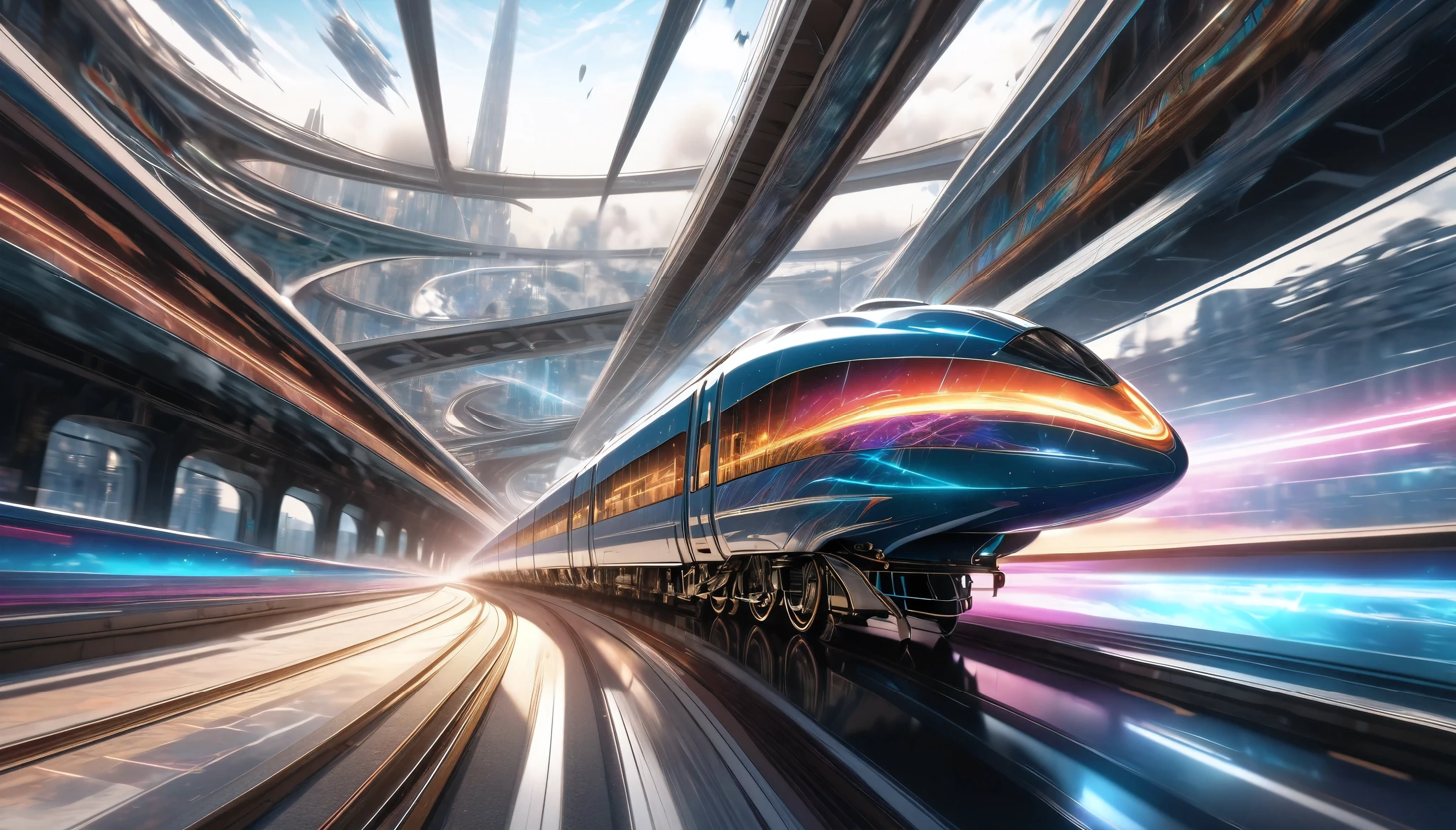 a futuristic hybrid steam and bullet train, seamlessly transitioning from a classic steam locomotive to a modern high-speed rail, cutting through the fabric of space-time, highly detailed CGI, retro digital art, surreal and refined graffiti, hyperrealistic, 8k, hyper detailed, cinematic lighting, dramatic atmospheric effects, striking colors, intricate mechanical design, sense of motion and speed, photorealistic, masterpiece, Pure white background, moving forward at high speed while distorting space-time, motion blur for added impact, 