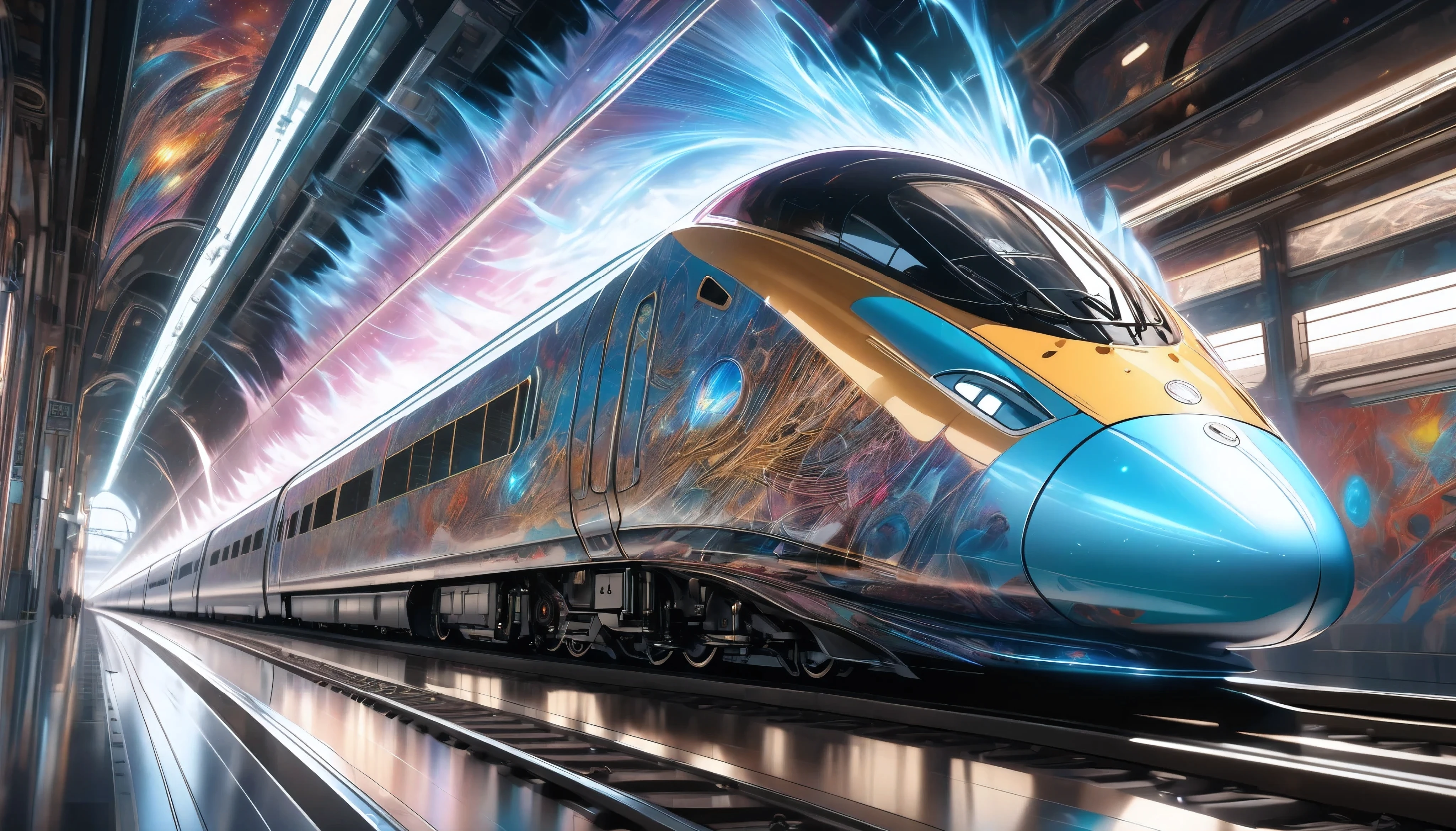 a futuristic hybrid steam and bullet train, seamlessly transitioning from a classic steam locomotive to a modern high-speed rail, cutting through the fabric of space-time, highly detailed CGI, retro digital art, surreal and refined graffiti, hyperrealistic, 8k, hyper detailed, cinematic lighting, dramatic atmospheric effects, striking colors, intricate mechanical design, sense of motion and speed, photorealistic, masterpiece, Pure white background, moving forward at high speed while distorting space-time, motion blur for added impact, 