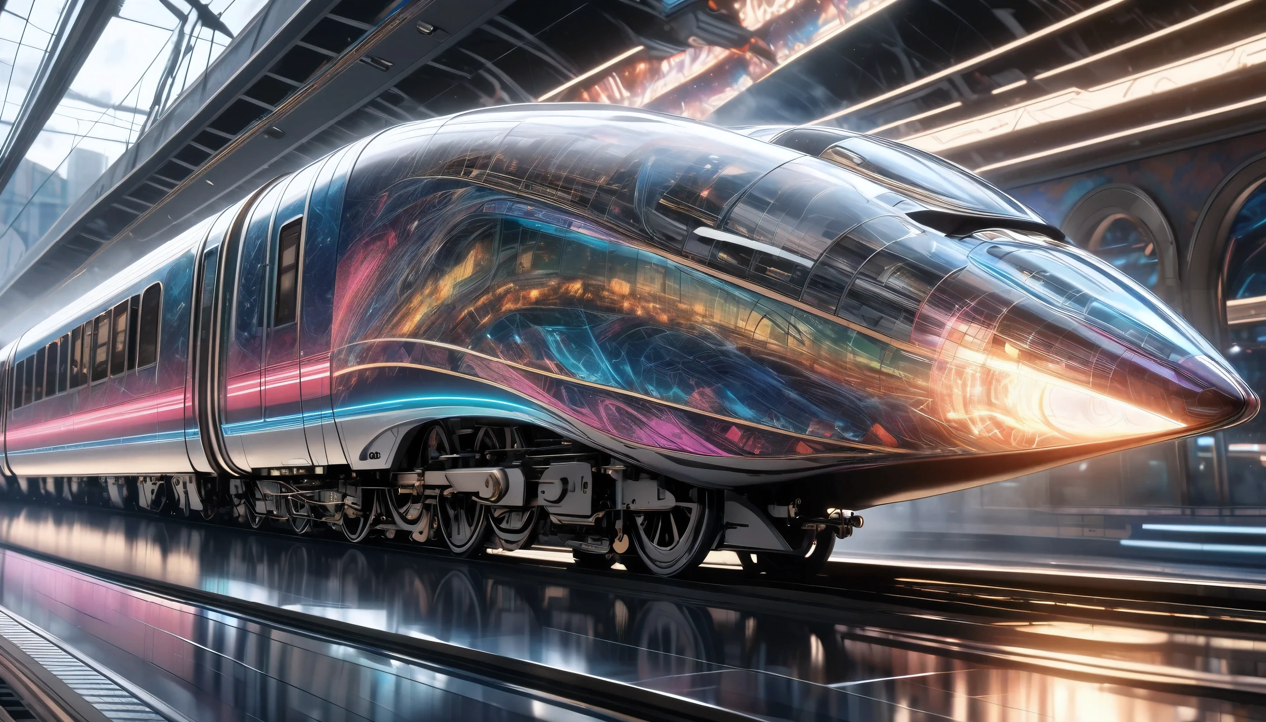 a futuristic hybrid steam and bullet train, seamlessly transitioning from a classic steam locomotive to a modern high-speed rail, cutting through the fabric of space-time, highly detailed CGI, retro digital art, surreal and refined graffiti, hyperrealistic, 8k, hyper detailed, cinematic lighting, dramatic atmospheric effects, striking colors, intricate mechanical design, sense of motion and speed, photorealistic, masterpiece, Pure white background, moving forward at high speed while distorting space-time, motion blur for added impact, 