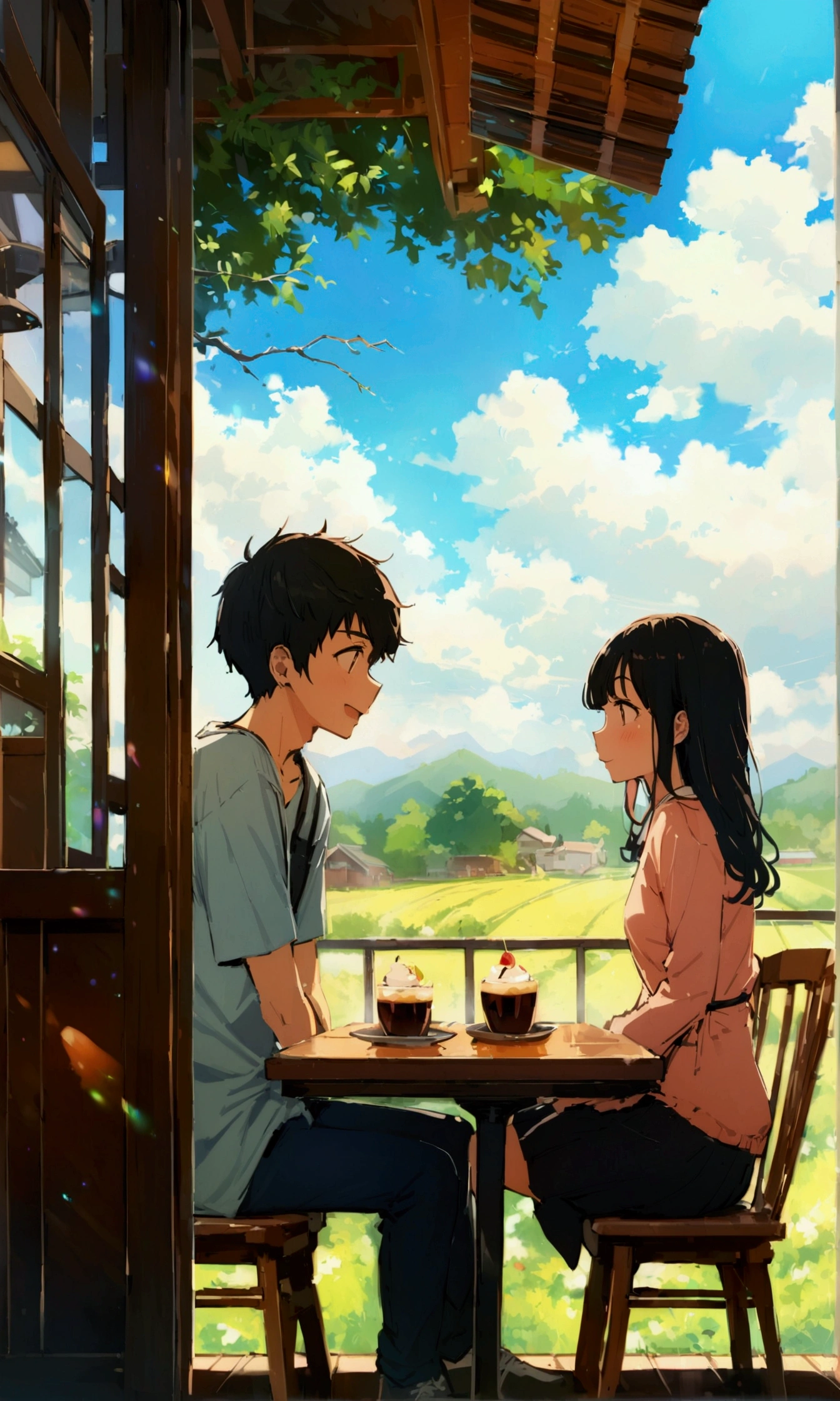 (masterpiece), best quality, Teenage boy and girl, GHIBSKY style, GHIBSKY style painting, siting at open door cafe, country side, Japan, beautiful weather, godly composition