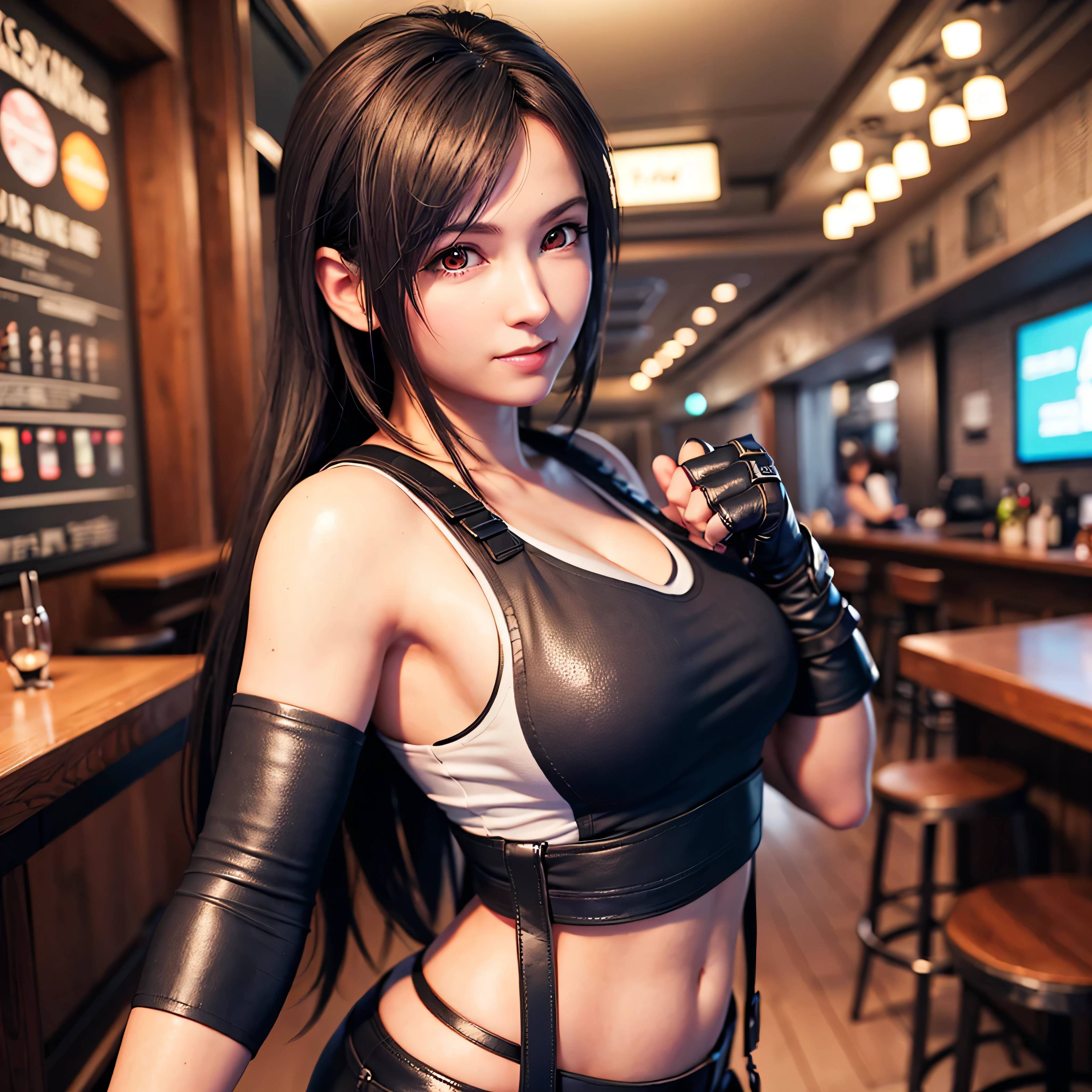 (masterpiece, best quality:1.2), (8k uhd, 16k, 32k, ultra high res), (photorealistic:1.37), (((ultimately intricate all details, ultimately realistic all textures))), 1girlmasterpiece, highest quality, born, Analog Style, Stunning portrait of a beautiful woman, Tifa Lockhart, Tabletop, highest quality, Deftifa, White crop top, Elbow pads, Fingerless gloves, suspenders, Pencil Skirt, Upper Body, View your viewers, Leaning forward, smile, bar counter, City of night, looking at viewer,