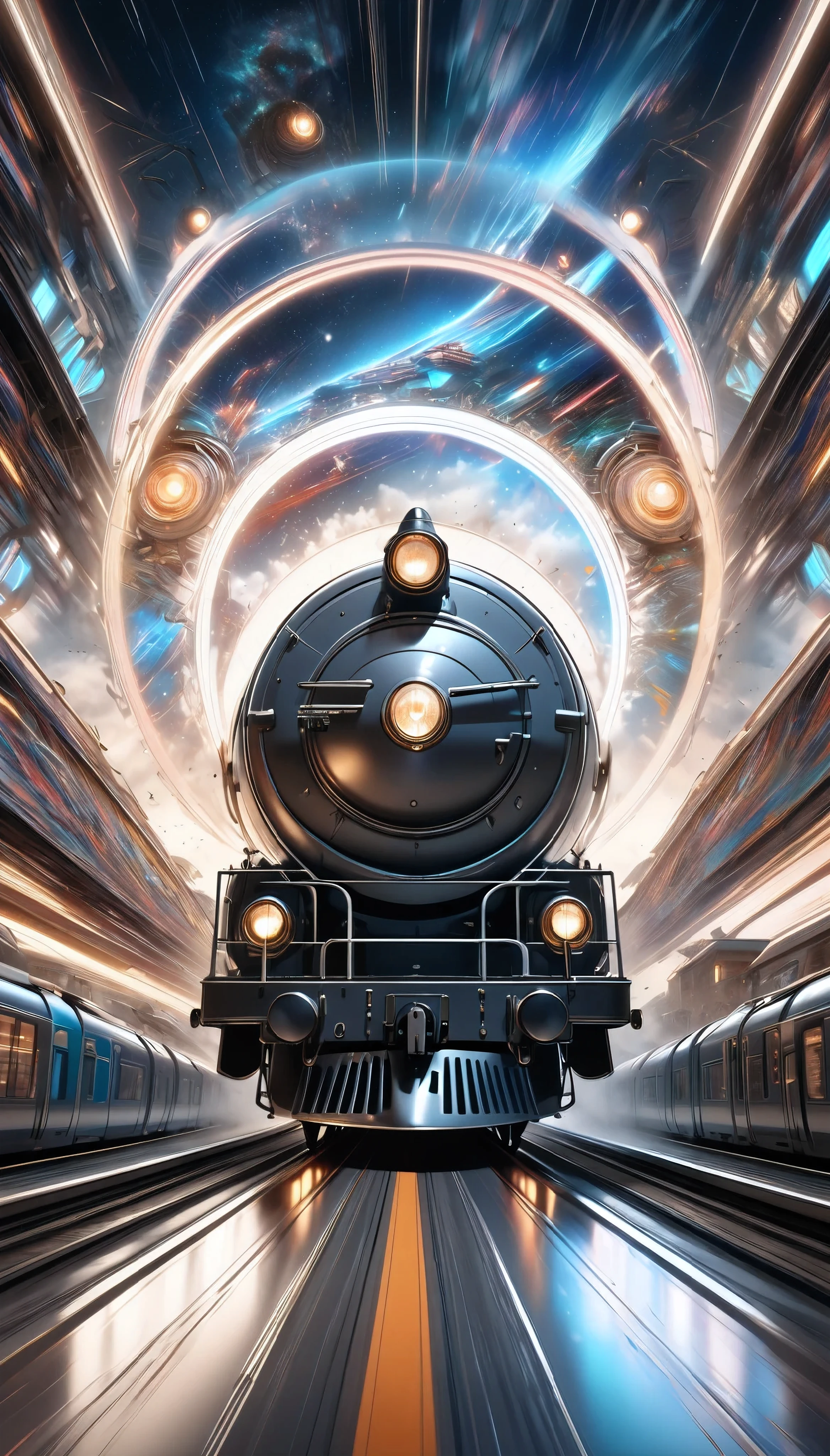 a futuristic hybrid steam and bullet train, seamlessly transitioning from a classic steam locomotive to a modern high-speed rail, cutting through the fabric of space-time, highly detailed CGI, retro digital art, surreal and refined graffiti, hyperrealistic, 8k, hyper detailed, cinematic lighting, dramatic atmospheric effects, striking colors, intricate mechanical design, sense of motion and speed, photorealistic, masterpiece, Pure white background, moving forward at high speed while distorting space-time, motion blur for added impact, 