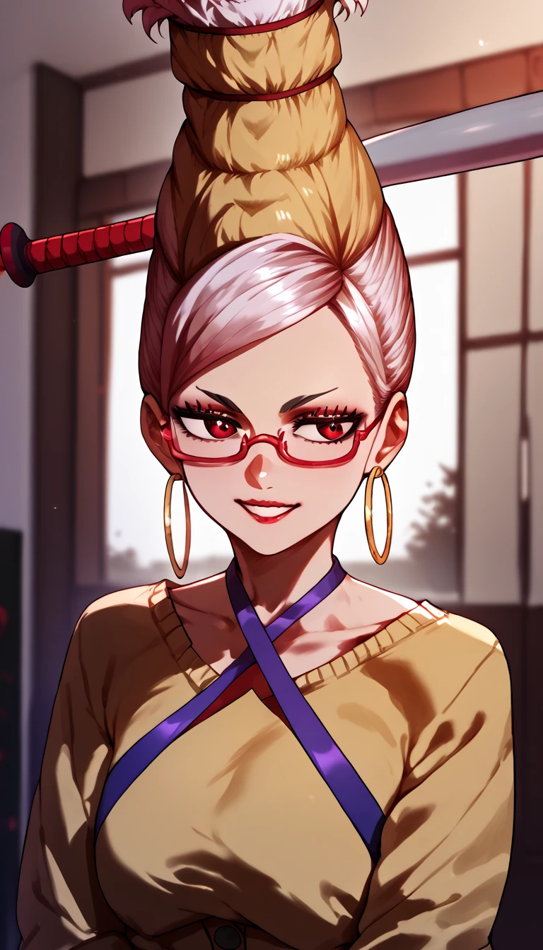 score_9, score_8_up, score_7_up, score_6_up, score_5_up, score_4_up,
1 girl, portrait, criss-cross halter, yellow sweater, bedroom, red-framed glasses, holding baseball bat, baseball bat, hoop earrings, nail polish, smile, hair bun,
se1k0ae