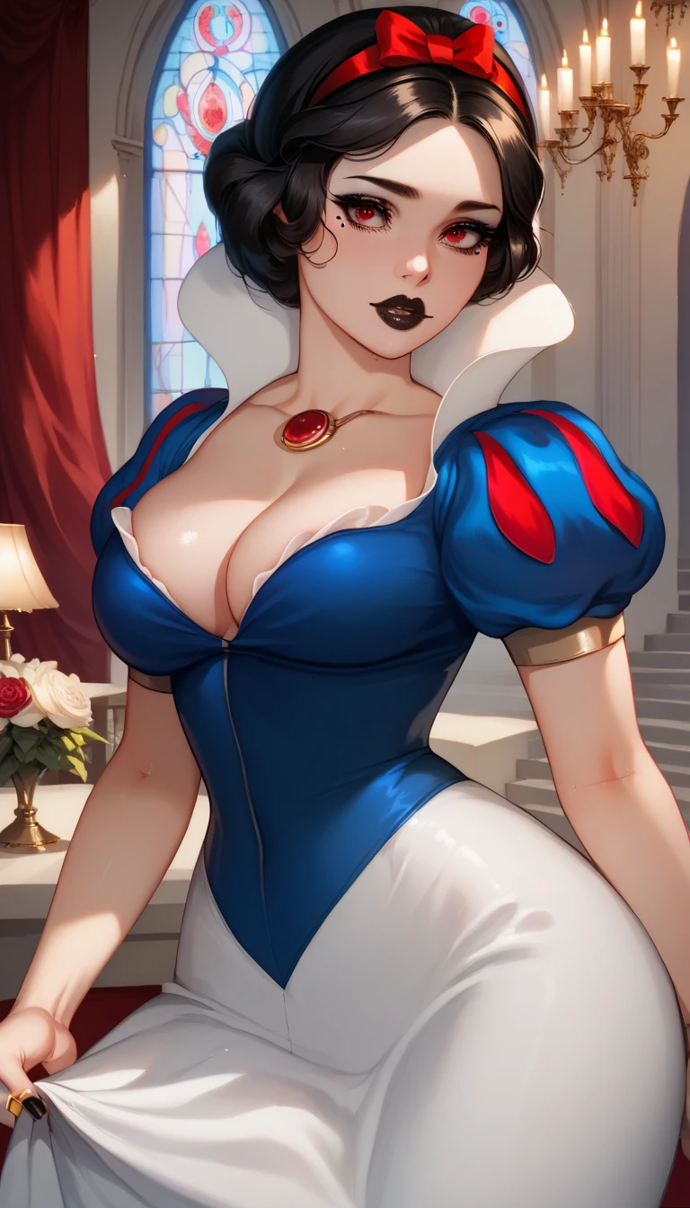 masterpiece, highest quality, highest resolution, distinct_image, detailed details) , 1 girl , 20's , young person , ( large breasts and large hips ), (attractive body, attractive face and attractive expressions and attractive eyes and attractive lips ) , ( soft hair and soft skin ) , one black mole on left eye , soft lips , black eyeshadow , black makeup , red eyes , black lips , black fingernails , attractive women , attractive girl , big bright eyes , gold ring , ring , on Victorian castle   , snow white  , attractive dress , cleavage , opening center  , 