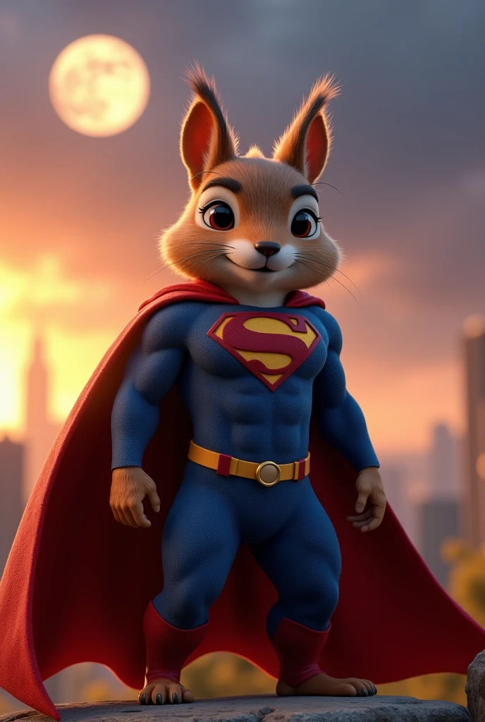 high quality, masterpiece, digital media (artwork), highly detailed fur and face, muscular male Squirrel brown fur cute eyes, adult, looking directly at the viewer. Sharp focus, 8K resolution, highly detailed, cinematic lighting, vivid colors, golden hour ambiance blending with full moon night. Realistic CGI and 3D art style with a DC Comics-inspired comic book style. Hollywood background, wearing a Superman-inspired uniform, iconic "S" symbol on the chest, flowing red cape, and blue suit with red accents. Outdoor scene, solitary figure, dramatic and heroic atmosphere.