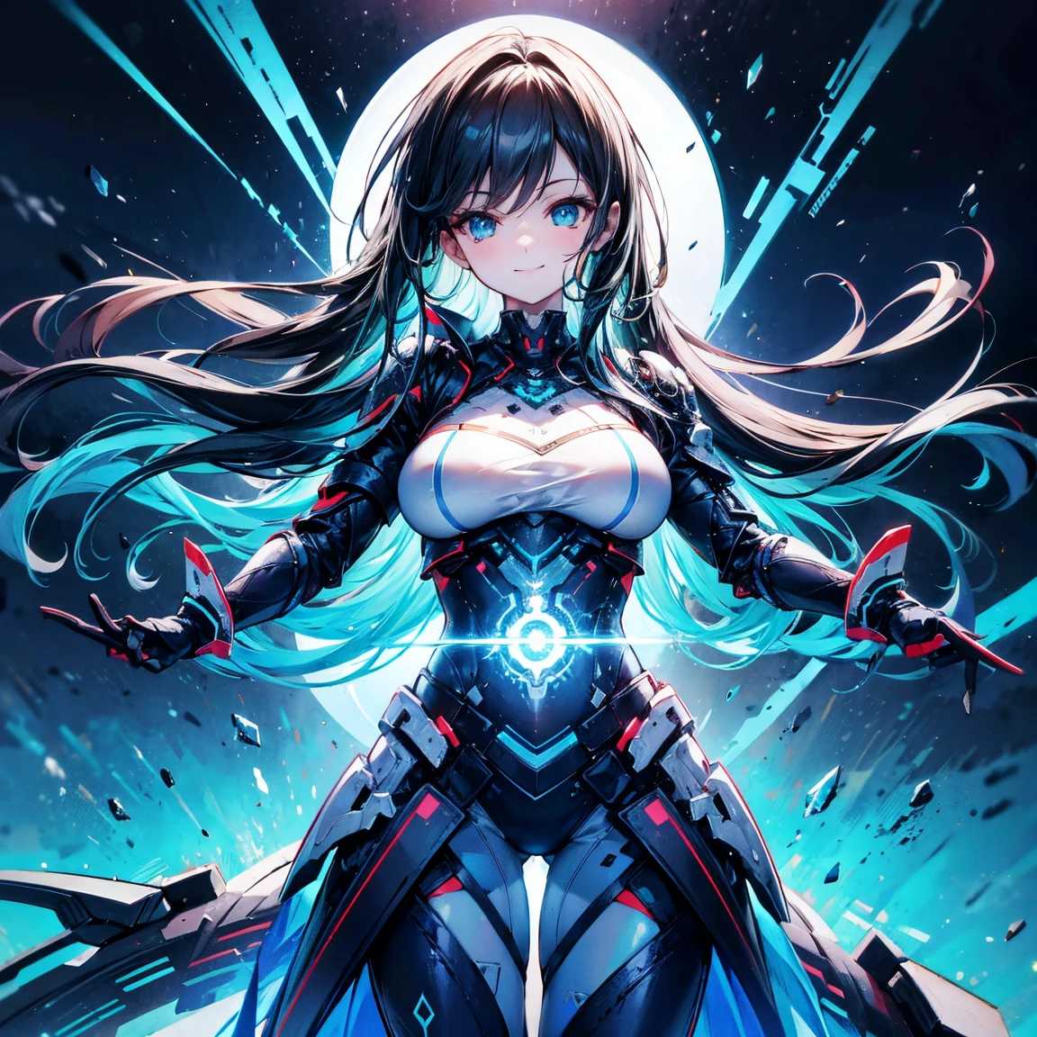((((Jean Genshin Impact))))), (((Flat Chest)))Female, (((Brown Skin)))), (((Long Dark Blue Hair with Fringe Covering One Eye))))), Light Blue Eyes, ((((((((Black Battle Tech Suit Covering All Body)))))), Clothes Are Mostly Black in Color, but with Blue and White Parts
