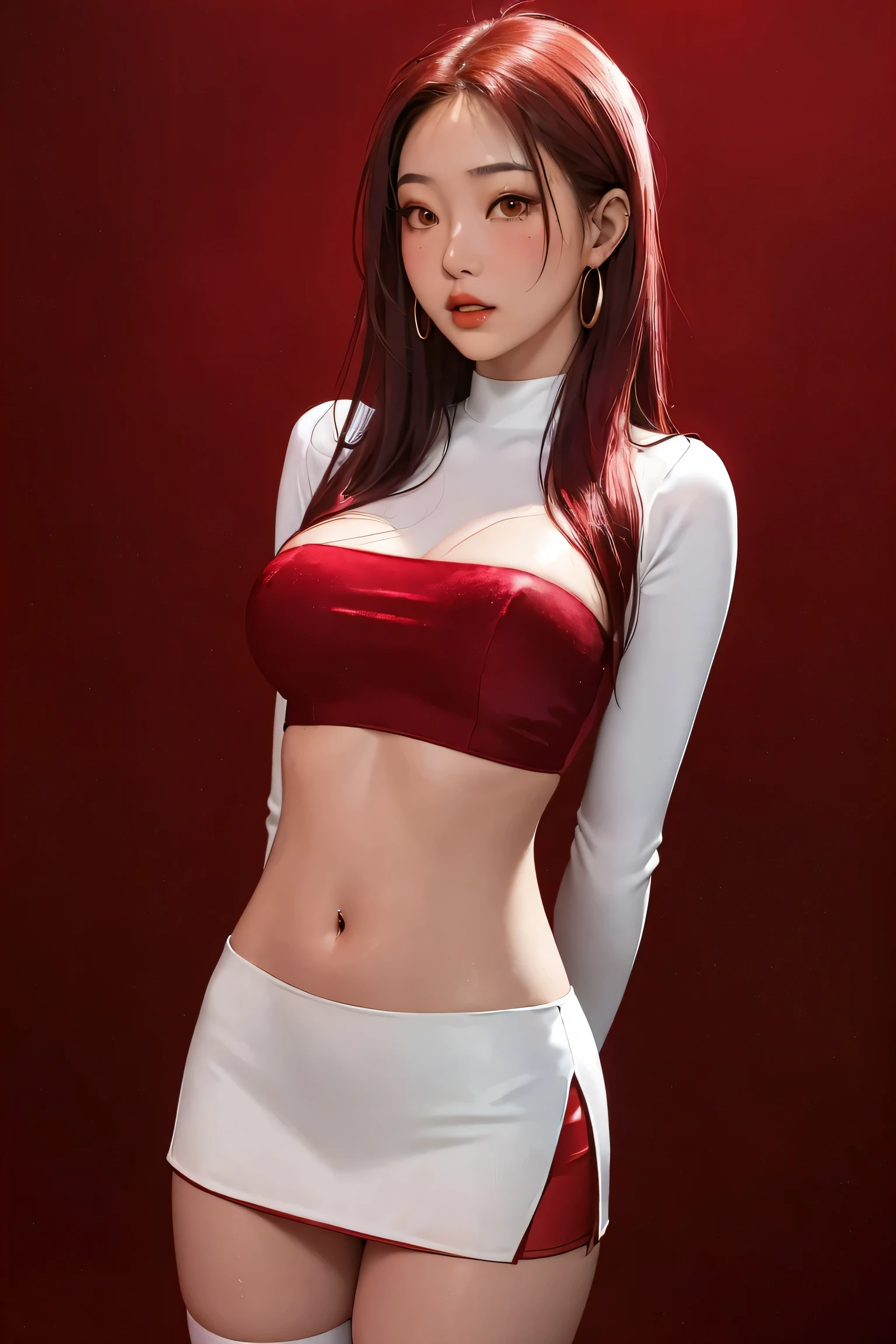 Surreal and cinematic picture of a young asian, slim fit young teen girl, round face, full crimson lips, super slim waist, extremly long skinny legs, navel percing, big gold ear ring, blushing cheeks, very long straight dark ruby red hair, pale white skin, big green eyes, ulzzang, long eyelashes, wearing a tight, long-sleeved, crimson velvet crop top, crimson velvet mini skirt and crimson colored velvet knee high boots, black background, (arms behind back), cleavage, underboob, big breasts, 