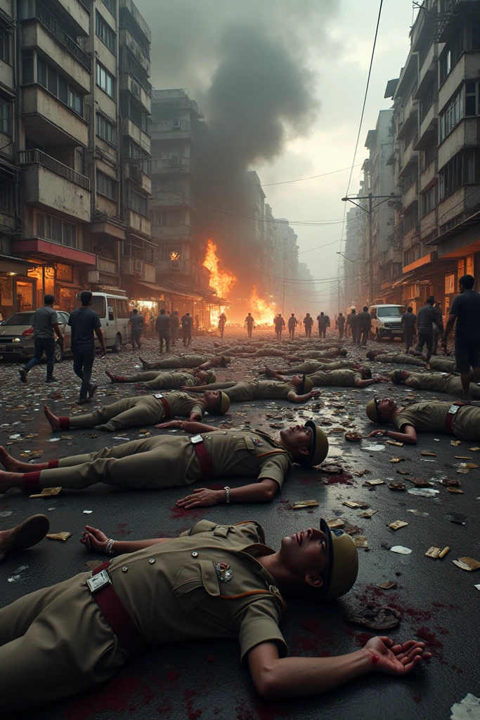 Dead bodies of people lying on the road, with blood and war all around. Temples and buildings buring and some people with white round caps covering the temples to hide the situation. Media being ignorant.