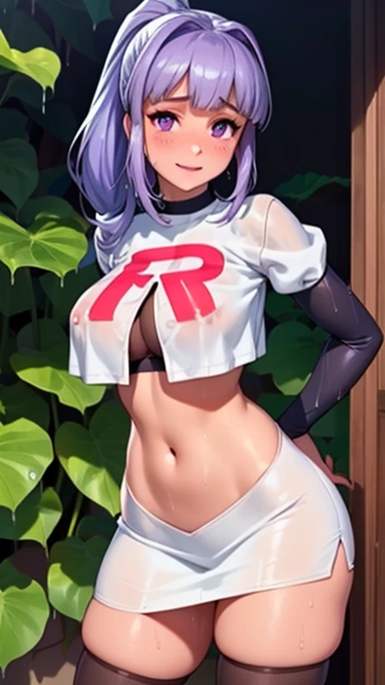 ((masterpiece, best quality, cowboy shot, highres, UHD, perfect pixel, depth of field, 4k, RTX, HDR)), 1girl,  girl, Yayoi, long hair, ((color RGB 169, 155, 237 hair)), red ribbon in hair, long pony tail, black choker, purple eyes, muslos, wide hips, wet body, wet face, wet thighs, wet on the legs, beautiful anime girl, beautiful artstyle, anime character, purple eyes, rounded eyes, beautiful eyelashes, realistic eyes, (detailed face, blushing:1.2), (smooth texture:0.75, realistic texture:0.65, photorealistic:1.2, anime CG style), medium breasts, (dynamic angle, dynamic pose:1.4, looking to viewer), covered nipples, perfect body, BREAK, ((team rocket uniform, white shirt, crop top, miniskirt, white skirt, midriff, black thighhighs, thighhigh boots)), smile, leaning forward, hands behind back, in a desert.