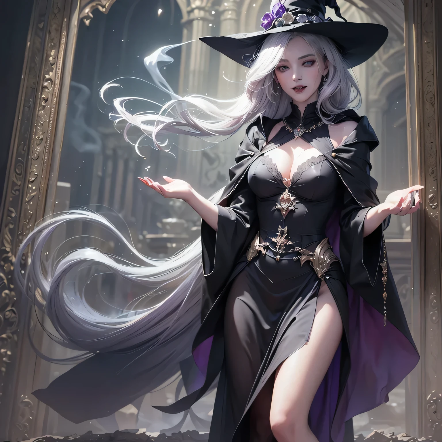 (masterpiece:1.4, best quality), (intricate details), unity 8k wallpaper, ultra detailed, 1girl, (light skin), Witchy goth outfit with a flowing black dress, wide-brimmed hat, and ankle boots, wedge cut, big hair, yellow, (Cosmic goth:1.2), (Clarence John Laughlin:1.4), <lora:more_details:0.8>
