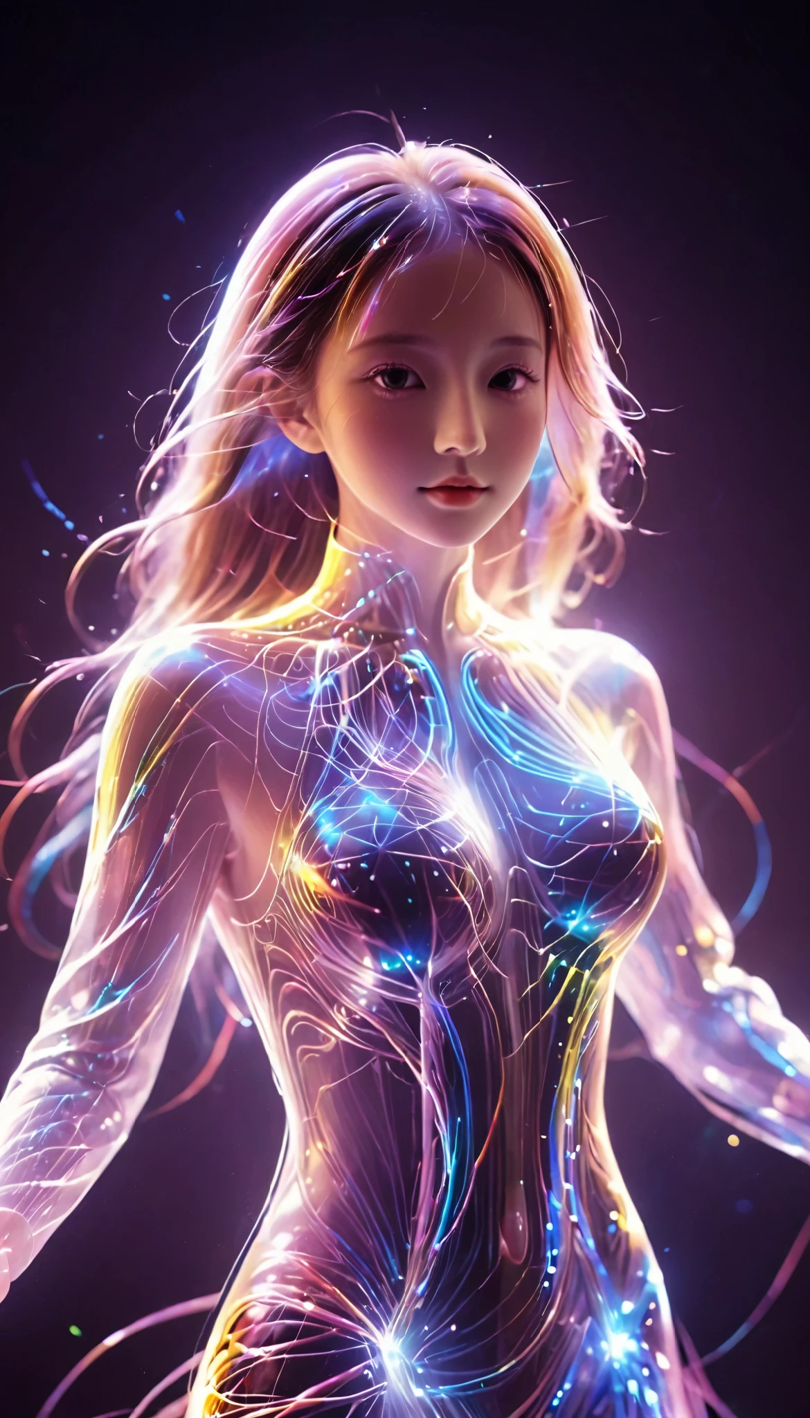 bailing_particles,bailing_lines,Lines of light,Particles of Light,A girl made of particles,The density of lines at the finger part is high,standing split,