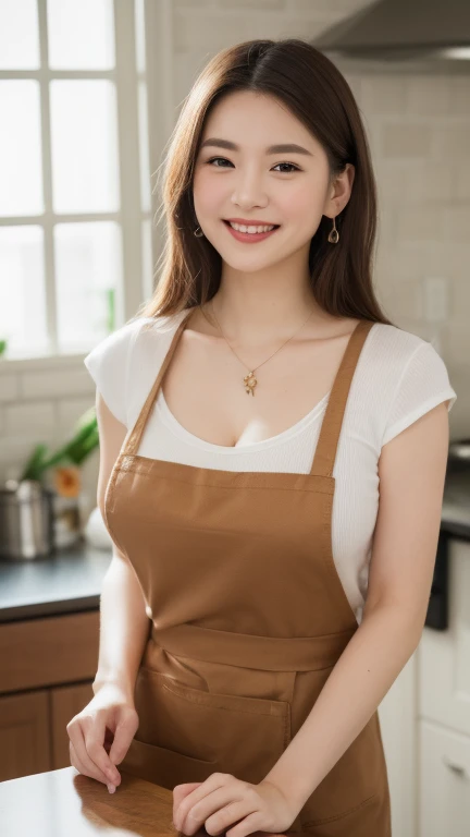 (Best quality, 8k, masterpiece: 1.3), a beautiful woman with perfect figure: 1.4, dark brown hair, wearing a pendant, wearing an apron, in the kitchen, highly detailed face and skin, detailed eyes, double eyelids, big breasts, smile