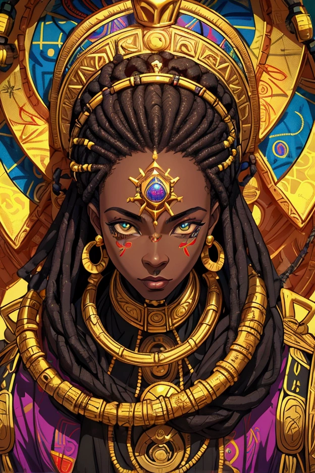 Rainha Africana, rasta comprida, rosto lindo, mamas grandes, armadura, corpo inteiro, corpo perfeito, sentada