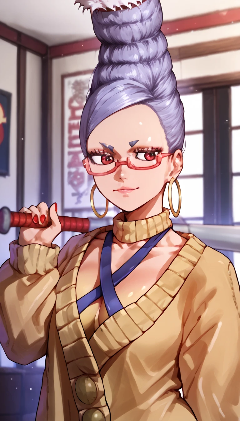 score_9, score_8_up, score_7_up, score_6_up, score_5_up, score_4_up,
1 girl, portrait, criss-cross halter, yellow sweater, bedroom, red-framed glasses, holding baseball bat, baseball bat, hoop earrings, nail polish, smile, hair bun,
se1k0ae