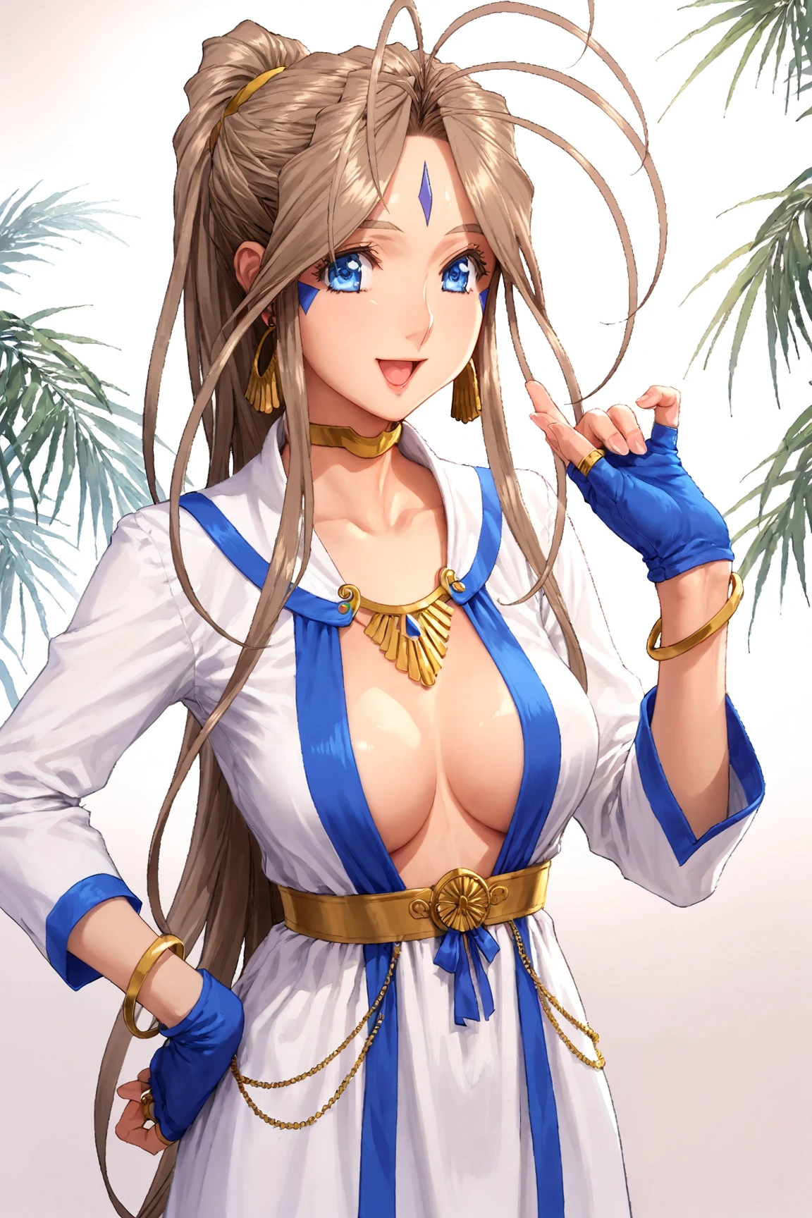 sfw, 1goddess, solo, (priestess, priestess short-neck dress), (short-neck), long sleeves, ((Blue Trimmed Dresses, Blue-Trim)), shiny, shiny white skin, (closed front clothes:1.6), calm smile, open mouth, ((place left palm open put on chest)), BREAK, Lovebell-SDXL, Belldandy, long ponytail, brown hair, blue eyes, gold choker, ((fingerless blue short_gloves)), bracelet, earring, wedding_silver_ring on ringfinger, gold anklet, (elegant mature woman), safety, tranquility, BREAK, right_hand on hip, BREAK, (masterpiece:1.2), (best quality), (ultra detailed), (realistic), portrait, dramatic lighting, ((sharp focus, sharp detail)), score_9, score_8_up, score_7_up, score_anime, detailed eyes, detailed eyelashes, extremely detailed face, sharp detailed lips, beautiful detailed hand, BREAK, cowboy shot, standing, from front, 