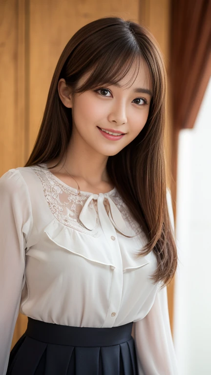 bright表情、Realistic:1.32、Highest quality、超A high resolution、最も美しい日本のgirlの写真、Cute and beautiful face details、Small face、美しいbangs、、Shine, fair, Shine肌、Hair gets tangled in the face、(girl1Only people:1.3)、顔まで伸びるbangs、bangs、Hair between the eyes、Attractive brown silky hair、bright、彼女の澄んだ瞳は魅力的にShine、Cute pose、Highest quality、Confused、((The cutest girl in the world))、Japanese、((Summer Uniforms for Students:1.3))、((Open shirt:1.3))、(High waist pleated skirt)、Newest Brands、(Side Half Up:1.3)、(Thin ribbon)、Nice and cute、An innocent smile、nice smile、Cleavage、(Bis:1.3)、(Po.3)、Brown Hair、Tight waist、Beautiful eyes in every detail、View your viewers、Upper Body、Face close-up、Front view、