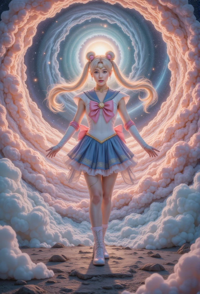 one lady， twilight ，Spiral Cloud，back，(Hyper-Reality:1.4)， sci-fi，Colored smoke， Sailor Moon ,  1 girl,  blue eyes , blond, Sailor Suit, Moon headdress ,  holding a moon stick ,  standing on the moon ,  Earth in the background, space, Star,  confident smile .