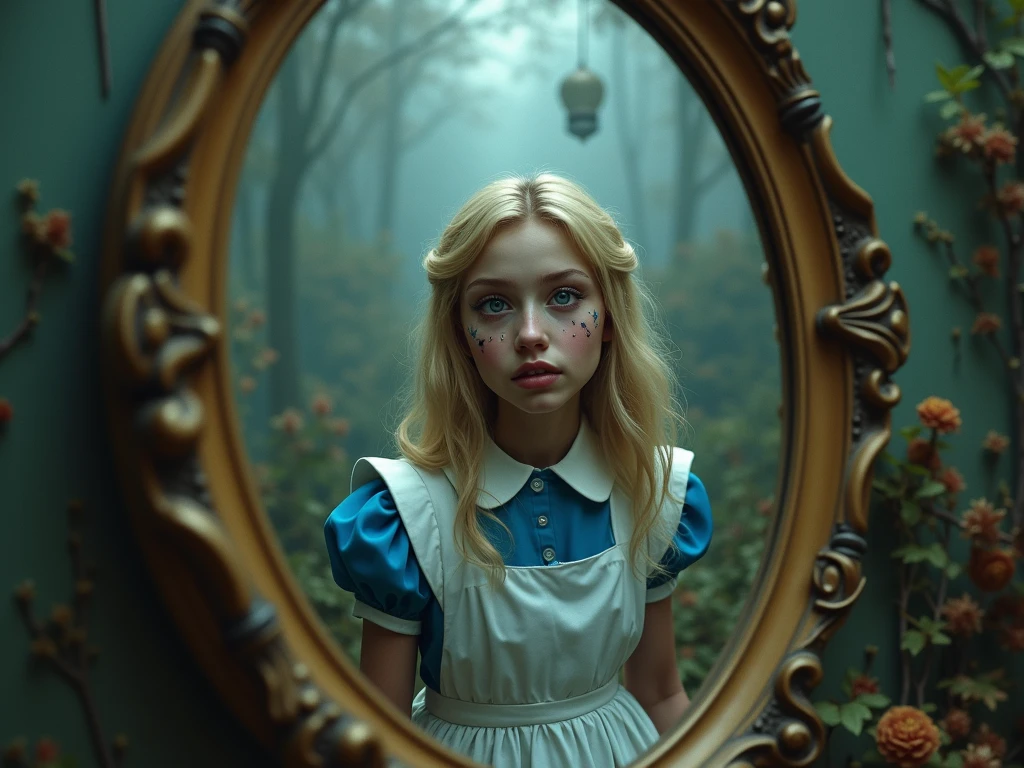 1girl, masterpiece, best quality, 8k, detailed skin texture, detailed cloth texture, beautiful detailed face, intricate details, ultra detailed, Alice in Wonderland, (a bow on her head:1.1), upper body