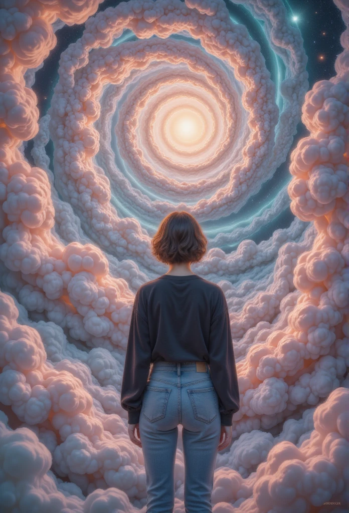 one lady， twilight ，Spiral Cloud，back，(Hyper-Reality:1.4)， sci-fi，Colored smoke，Fraction_9, Fraction_8_up, Fraction_7_up,grade_Explicit ,

Negative Reminder Anime Characters ， A Woman in a Black Long-Sleeved Shirt and Blue Jeans , 短 brown hair , Neck length ,  green eyes , A digital painting,  Inspired by Tomer Hanukkah , PIXIV TRENDS , Serial Art, Heavy gesture in close-up style, Full body details, Wear casual clothes,  anime style, hyper detailed  anime style,  anime style character,  Stunning Detailed Art Style ,  realistic style , чистый детализированный  anime style, современный  anime style,   brown hair 