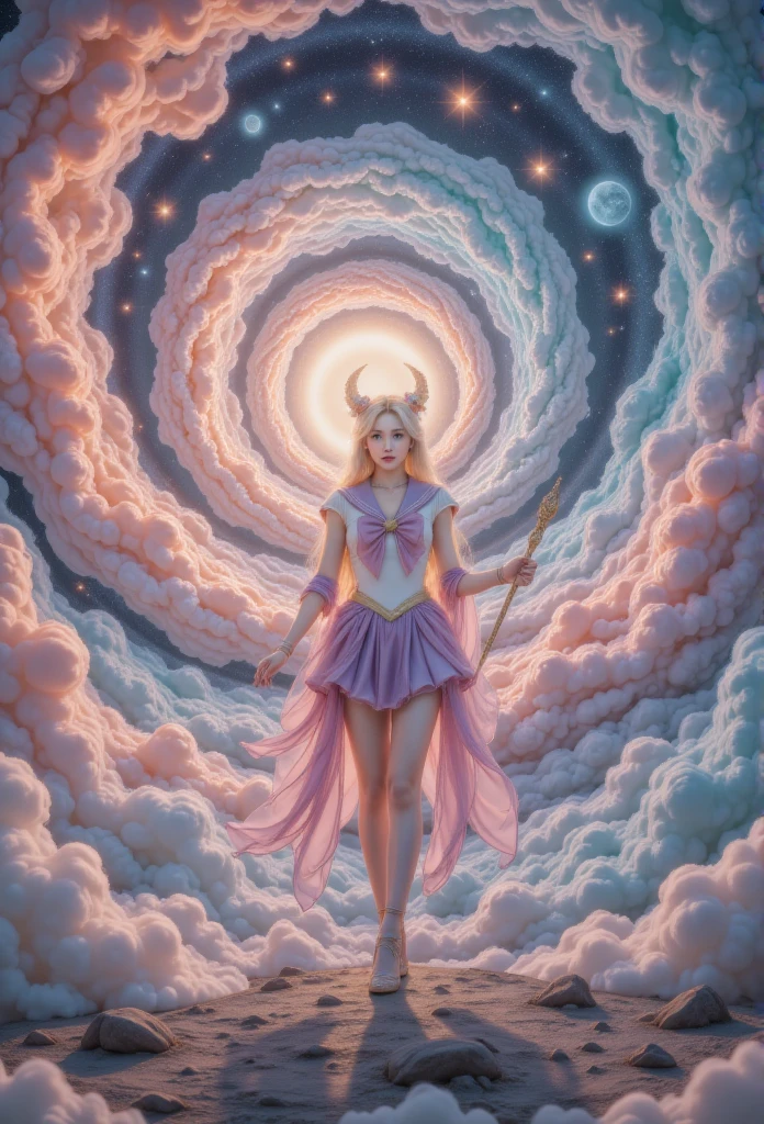 one lady， twilight ，Spiral Cloud，back，(Hyper-Reality:1.4)， sci-fi，Colored smoke， Sailor Moon ,  1 girl,  blue eyes , blond, Sailor Suit, Moon headdress ,  holding a moon stick ,  standing on the moon ,  Earth in the background, space, Star,  confident smile .